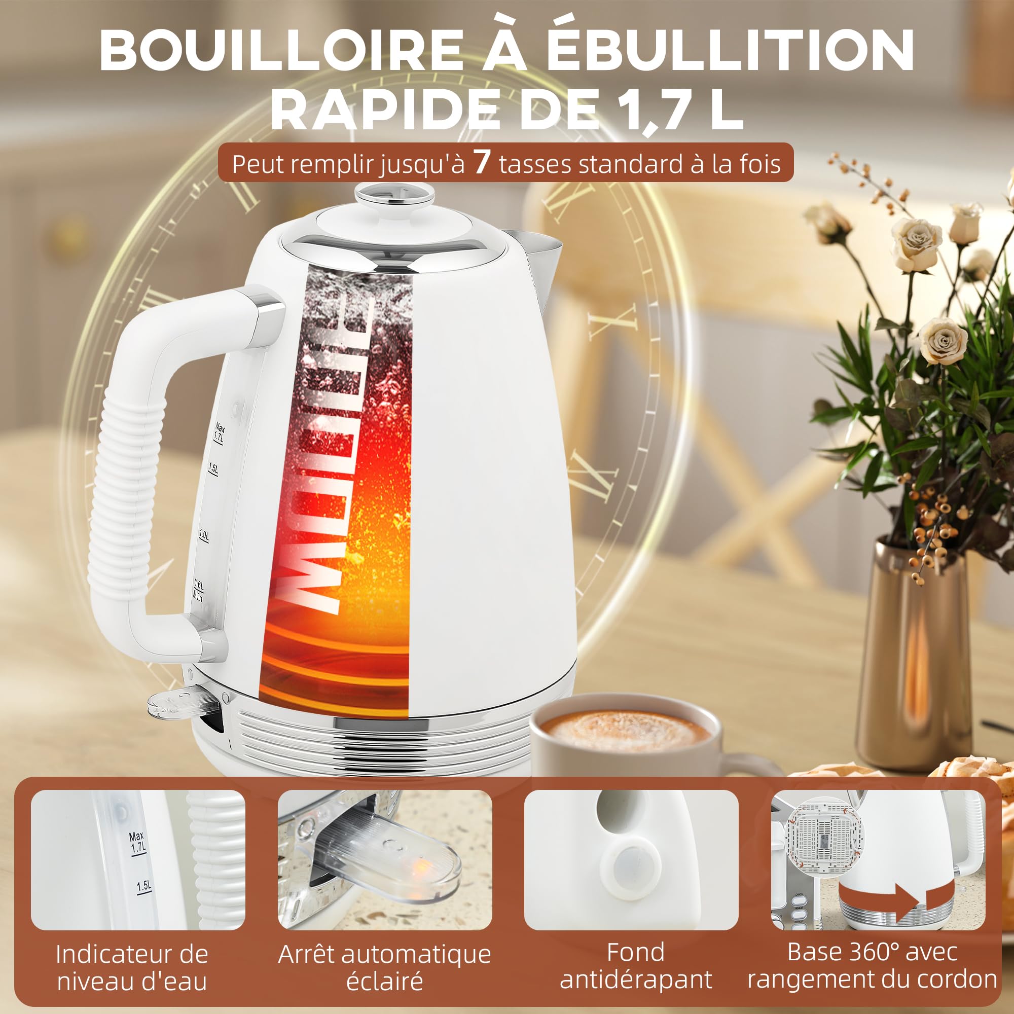 HOMCOM Ensemble bouilloire et grille-pain en inox 2200 W 1,7 L avec grille-pain 4 tranches, chauffage rapide, 7 niveaux de brunissage, thermostat Strix, filtre anti-calcaire, plateau à miettes, blanc