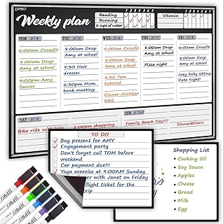 Quadro branco planner semanal apagável a seco magnético grande, para geladeira – jogo com um calendário semanal grande e dois quadros para anotações/coisas a fazer/compras; com 6 marcadores magnéticos apagáveis a seco de ponta fina incluídos.