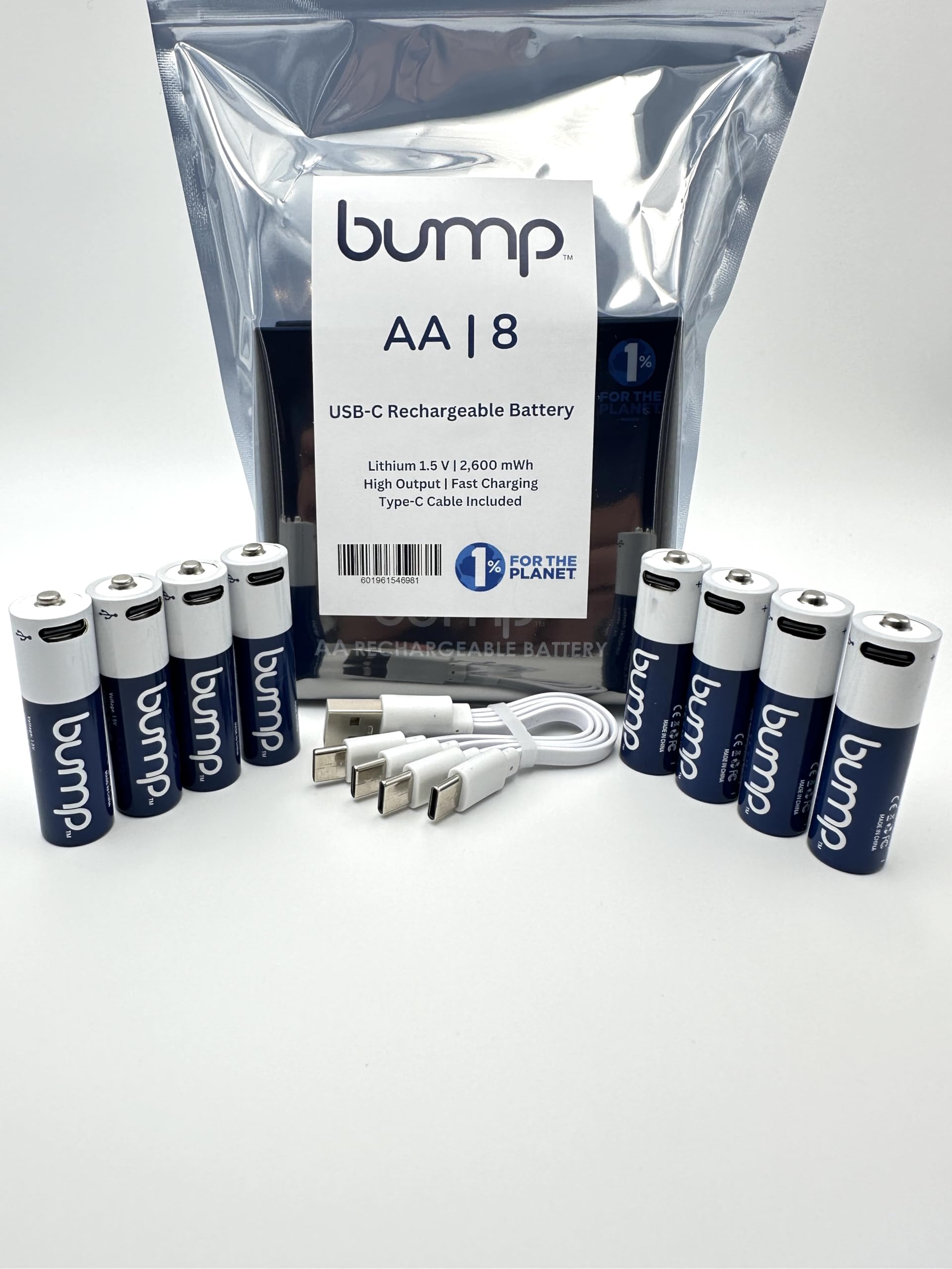 bump AA 1.5V Rechargeable Batteries - 8 Pack -Lithium Ion, High Output, Fast & Long Lasting USB-C Charge, Use w/Remote Control, Battery Operated Toys, Keyboards, Wireless Mice, Charger Cable Included
