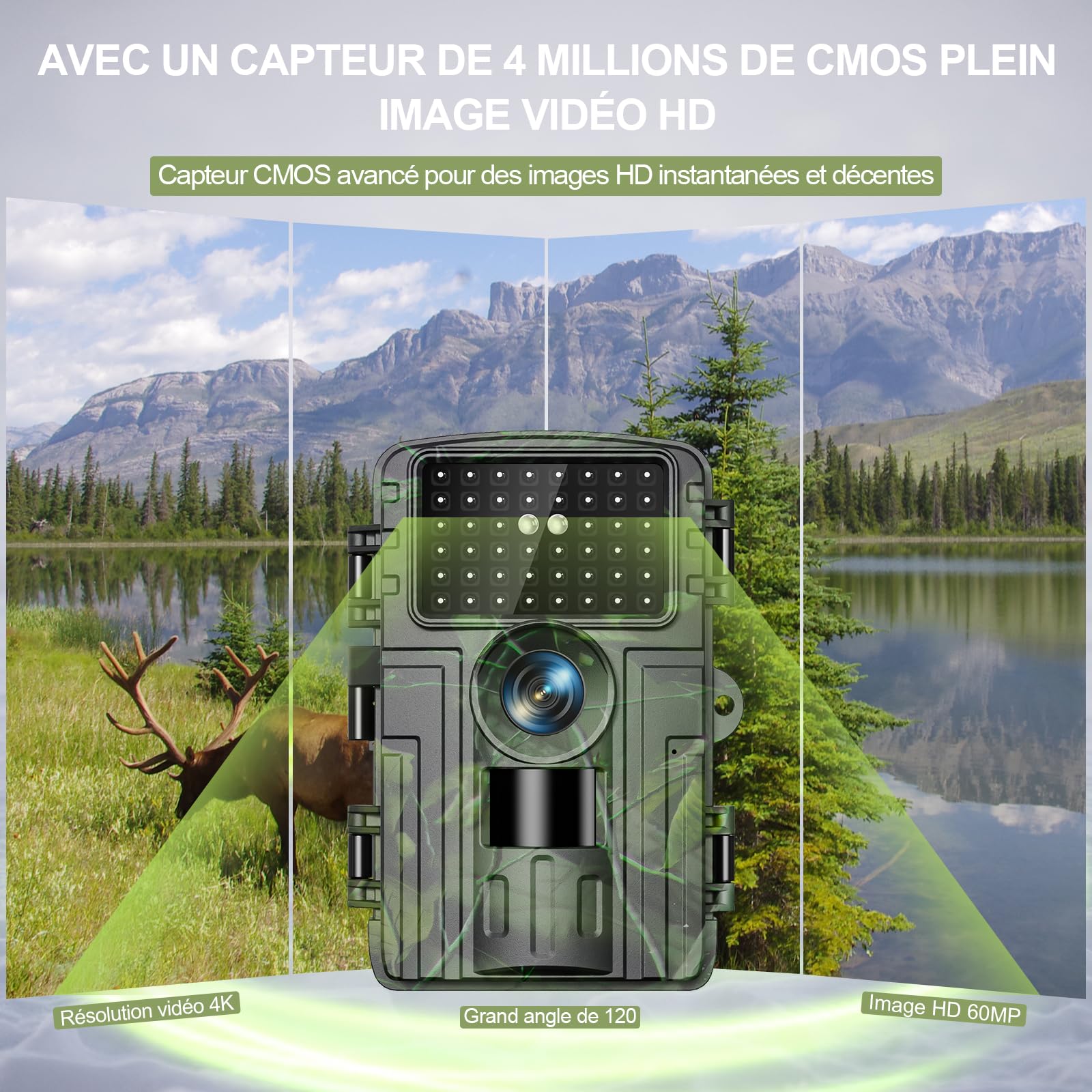 Camera de Chasse, Camera Chasse WiFi 4K/60MP Full HD, Détecteur de Mouvement, Vision Nocturne, Temps de Déclenchement de 0,1S, Caméra IR Pour Animaux Sauvages avec Carte SD 32GB & Lecteur de Cartes