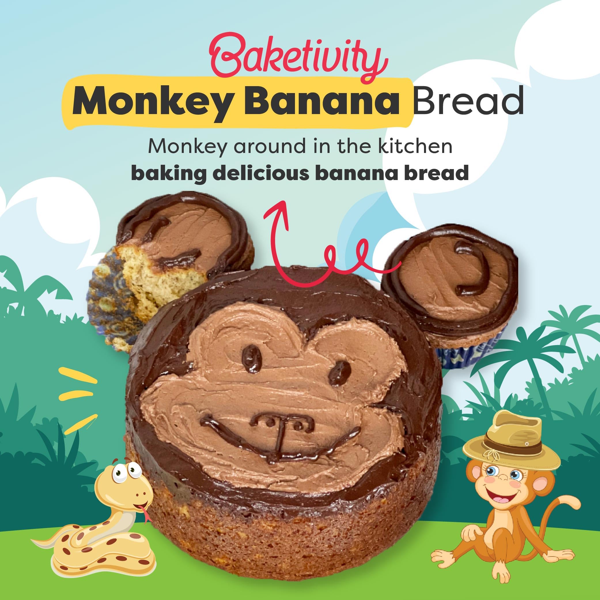 BAKETIVITY Monkey Banana Bread - Juego de hornear para niños con ingredientes previamente molidos, regalo familiar perfecto para los amantes de la cocina