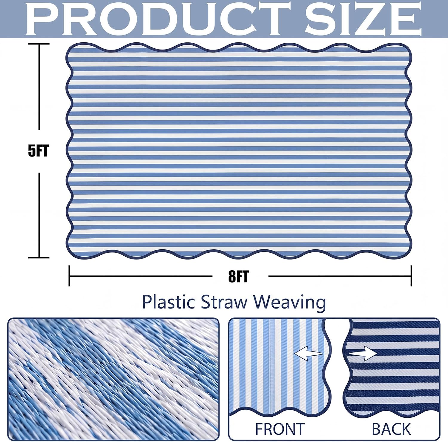 Blue Scalloped Outdoor Plastic Straw Rugs 5x8 ft Reversible Camping Rug Waterproof Striped Patio UV Resistant Mat Foldable Indoor Outdoor for Outside Beach Pool Patio Backyard Deck
