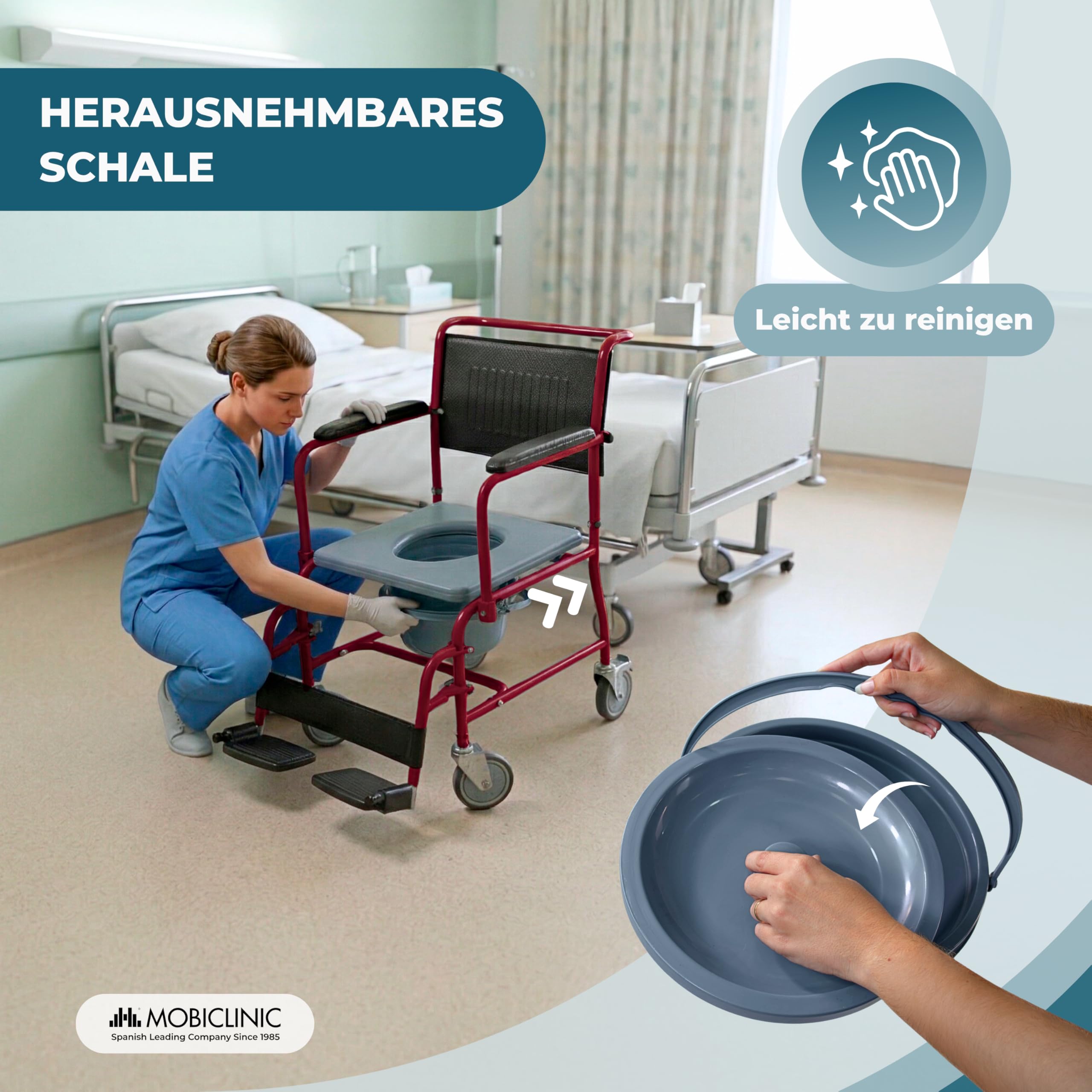 Mobiclinic, Toilettenstuhl mit rollen, Ancla, Europäische marke, Toilettensitz für ältere und behinderte, Wc sitz, Klappbare armlehnen, Abnehmbare fußstützen, Deckel, Bordeaux