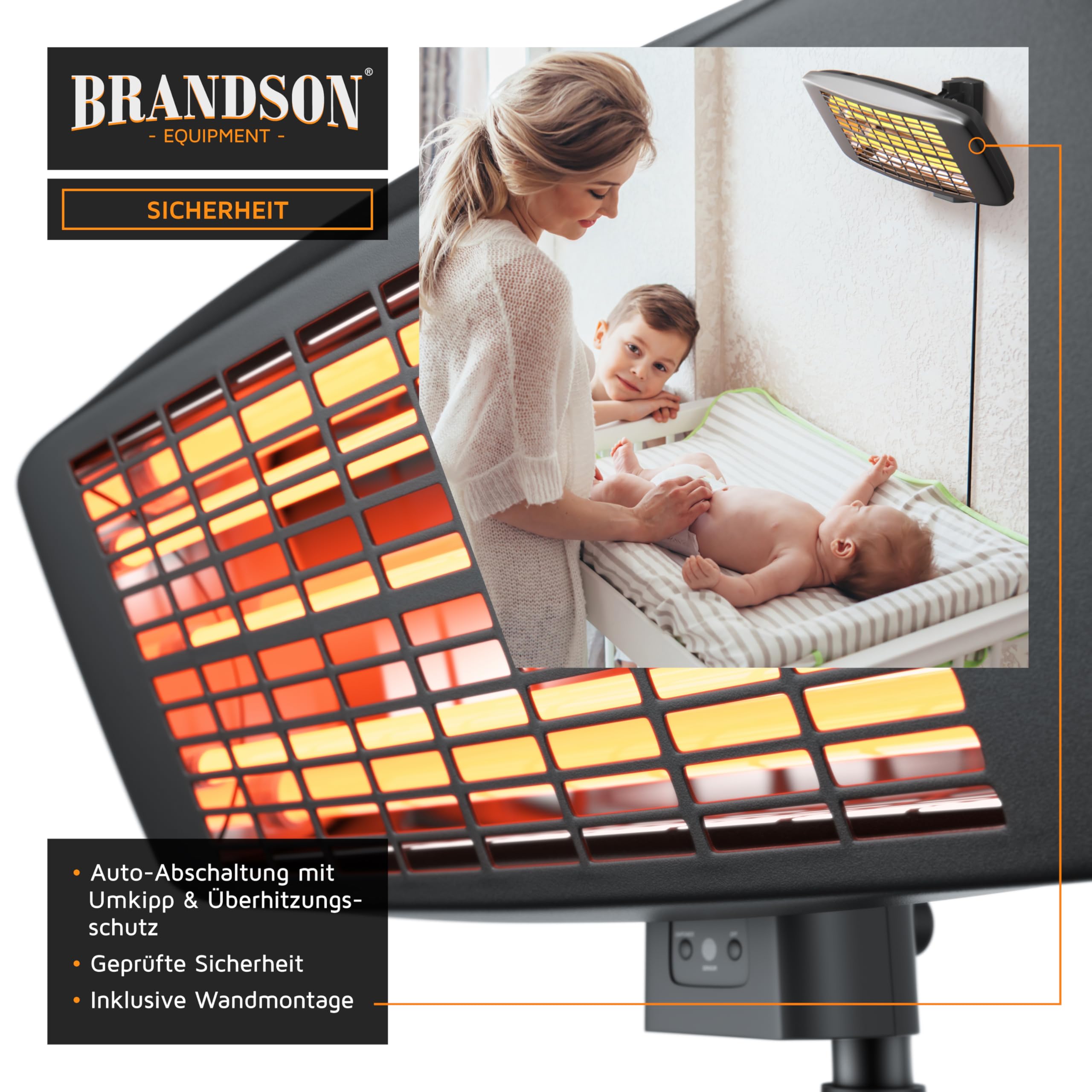 Brandson - Heizstrahler mit Fernbedienung Outdoor Indoor - Elektro Infrarot Terrassenheizstrahler - 3 Leistungsstufen Heizelemente - LED Power Indikator - Wandhalterung - Balkon Garten Terrasse