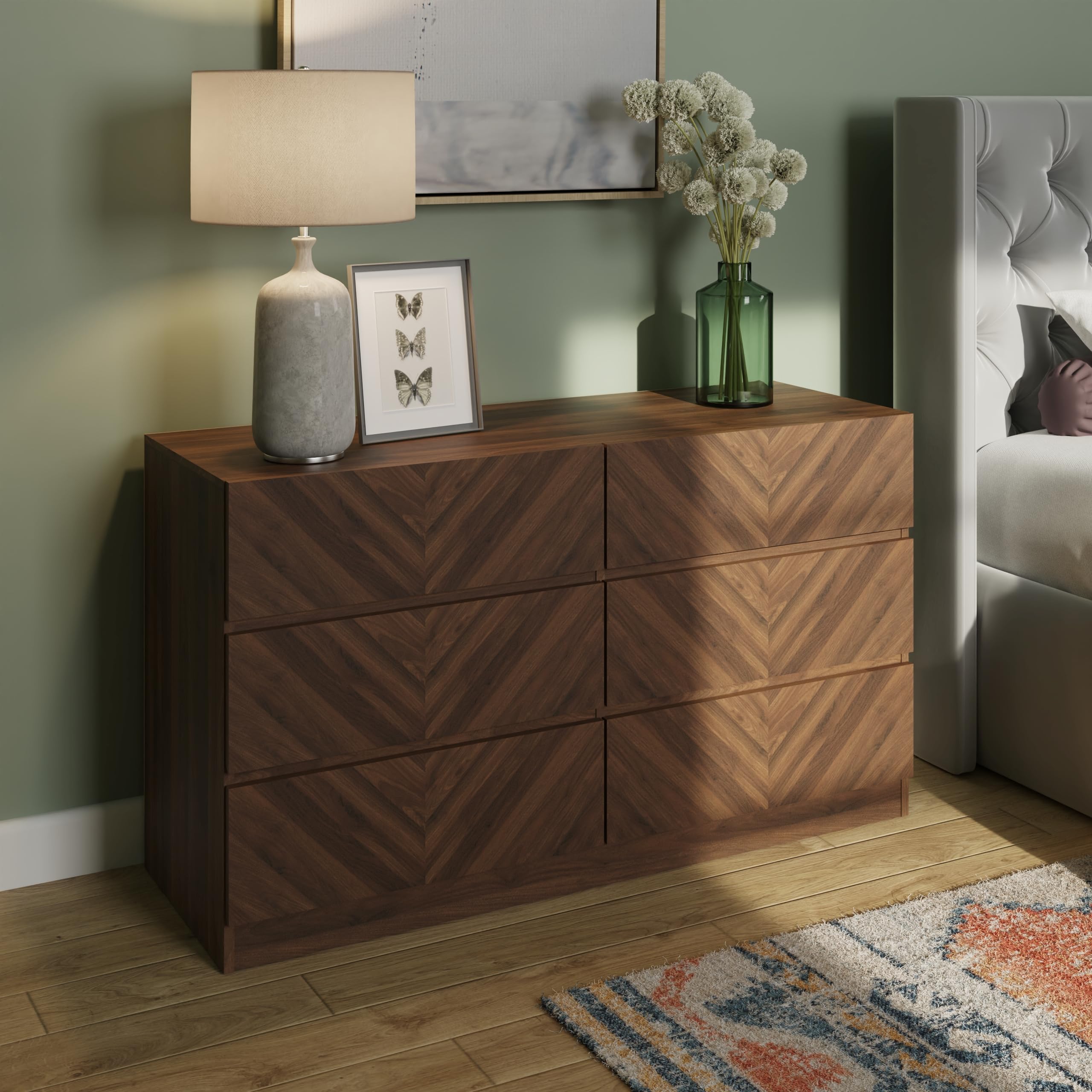 GFW Catania 6 Drawer Chest - Royal Walnut Wood - Herringbone Design - Handle-Free - Metal Runners