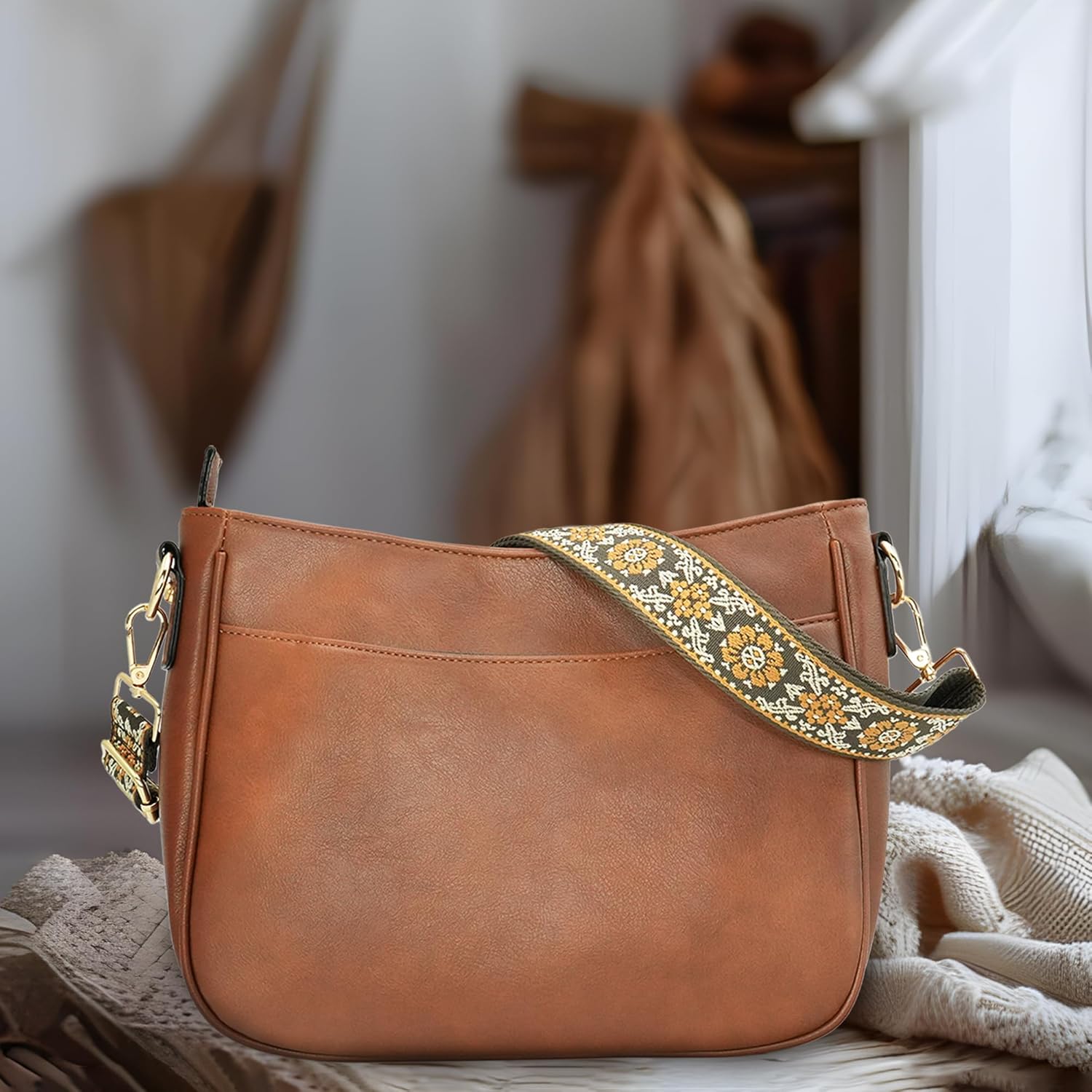 Crossbody Bag for Women Bohemian Vintage Stylish Purse Vegan Leather Shoulder Bag with Adjustable Wide Strap - Image 3