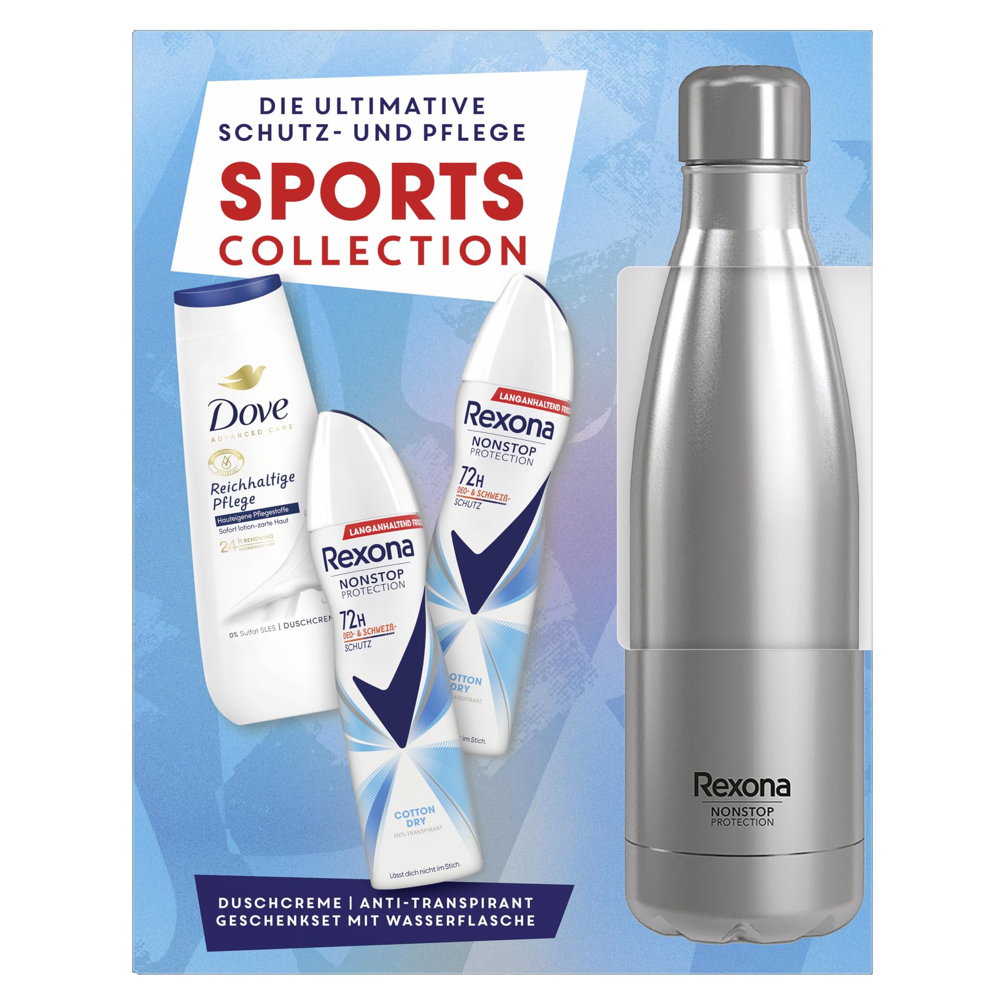 Rexona Geschenkset für Frauen Sports Collection Pflegeset mit 2x Anti Transpirant (2x 150 ml), Duschcreme (225 ml) und einer Trinkflasche aus Edelstahl (750 ml)