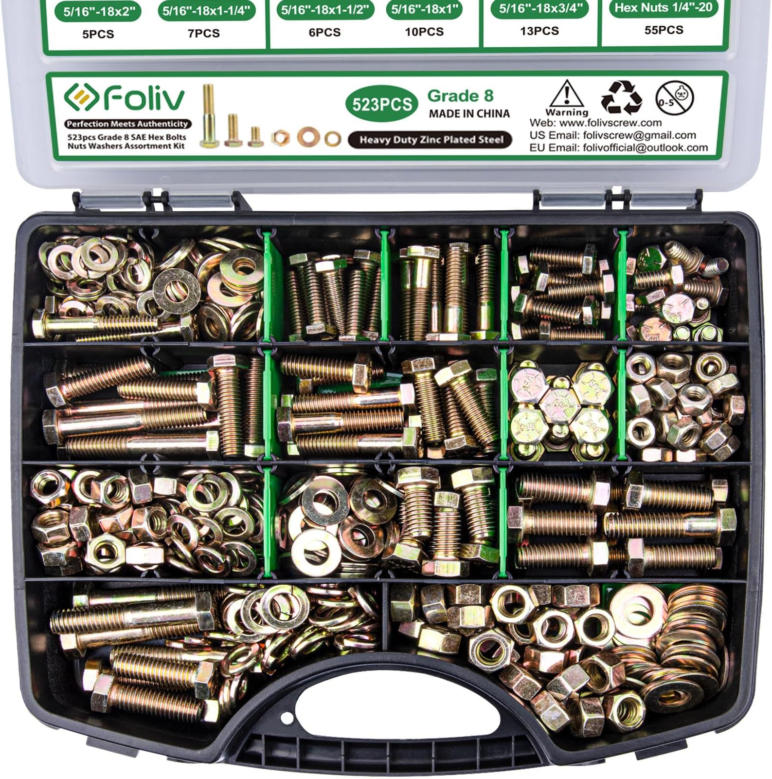 FOLIV 523PCS Grade 8 Bolts and Nuts Assortment Kit, Heavy Duty Nut and Bolt Assortment, 1/4-20 5/16-18 3/8-16 SAE Hex Bolts, Length from 1/2" to 1-1/2"