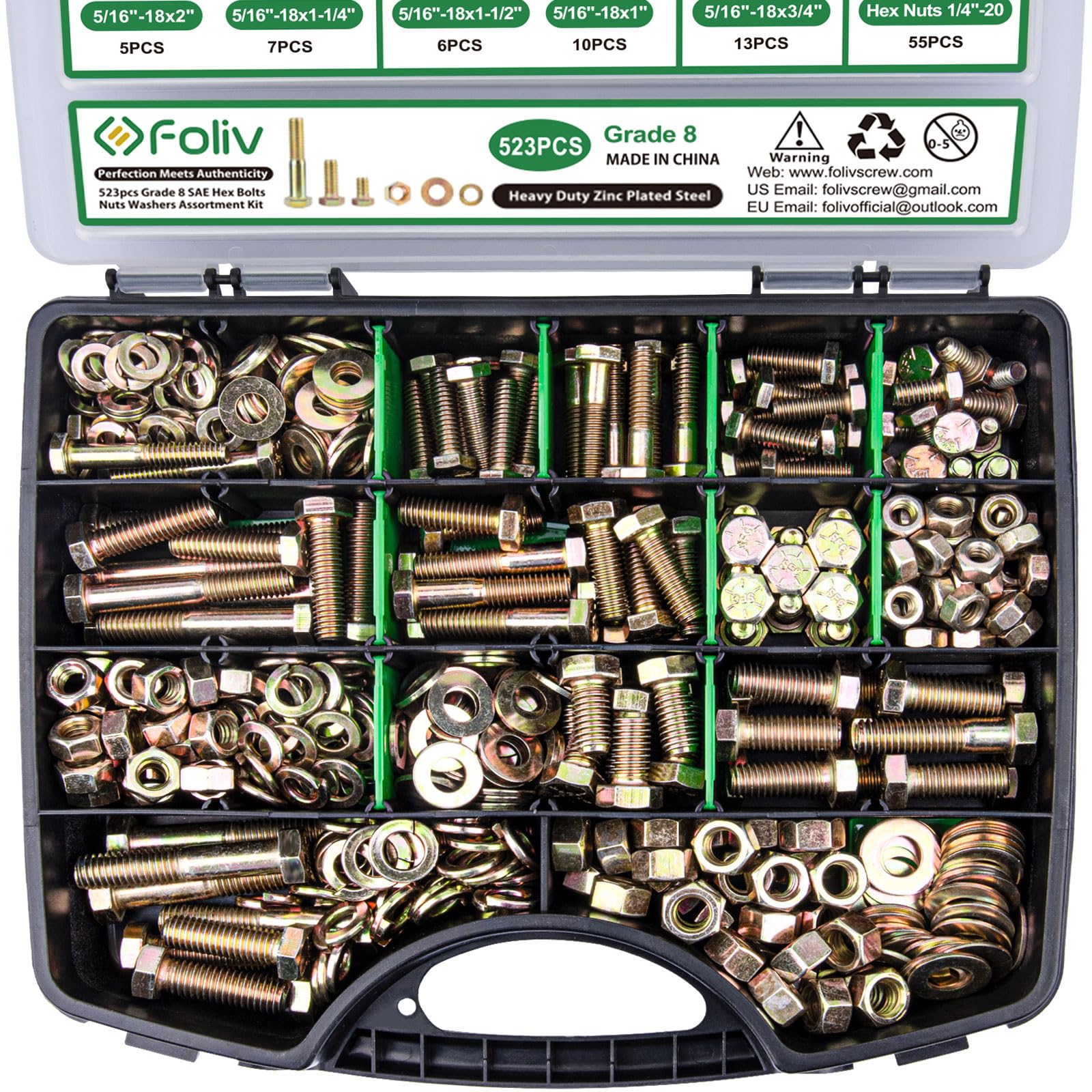 Foliv523PCS Grade 8 Bolts and Nuts Assortment Kit, Heavy Duty Nut and Bolt Assortment, 1/4-20 5/16-18 3/8-16 SAE Hex Bolts, Length from 1/2" to 1-1/2"