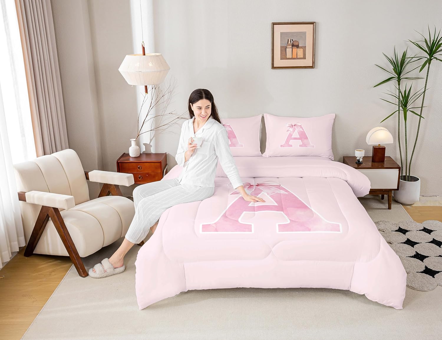 Erosebridal Pink Bow Comforter Set Twin,Monogrammed Bedding Gifts for Women Teen Girls,Initial Letter A Quilt,Bowknot Initial Birthday Gifts Bedroom Room Decor for Her,Luxury Soft(A)