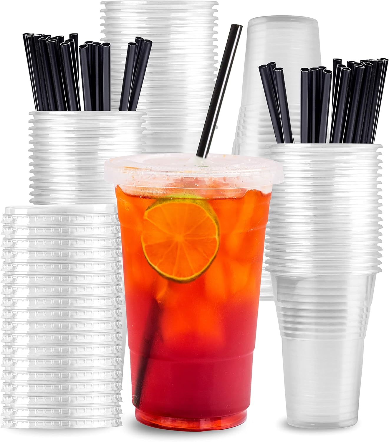 HYFY [50 Pcs] 16oz Plastic Cups With Lids (FLAT) And Straws Plastic