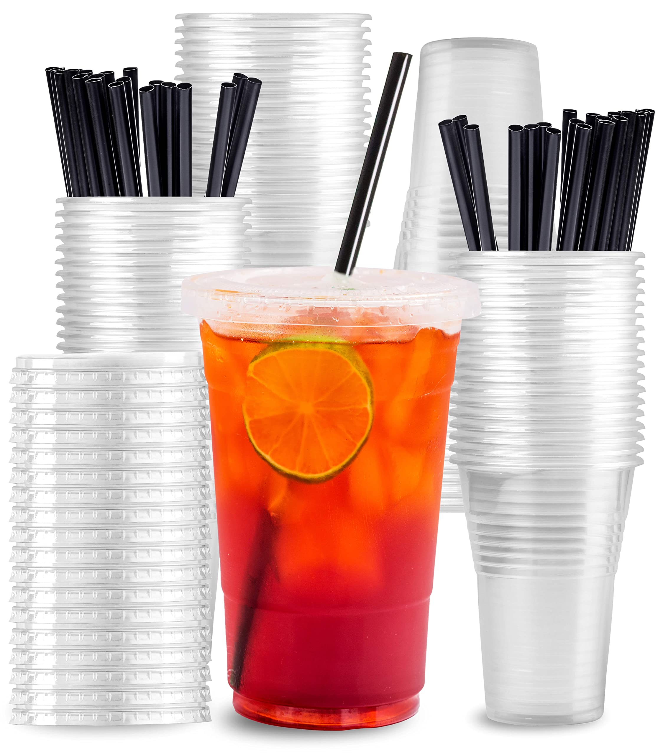 Buy HYFY [50 Pcs] 16oz Plastic Cups With Lids (FLAT) And Straws Plastic