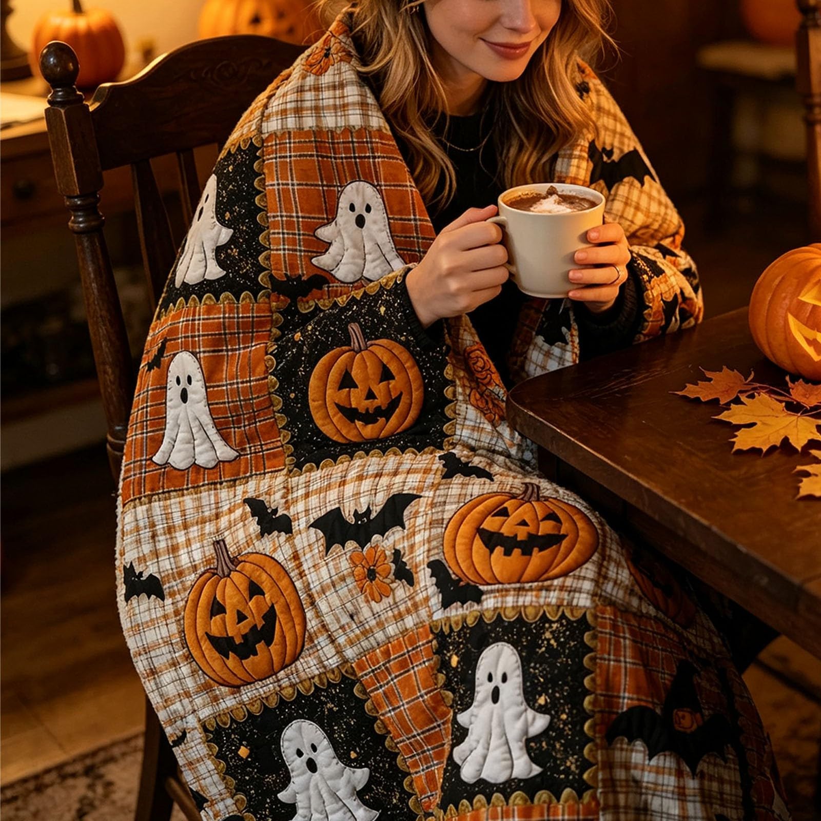 Halloween Blanket, Patchwork Blanket Halloween Pumpkin Ghost Bat Print Warm Lightweight Vintage Design for Fall Sofa Bed Home Decor & Daily Use
