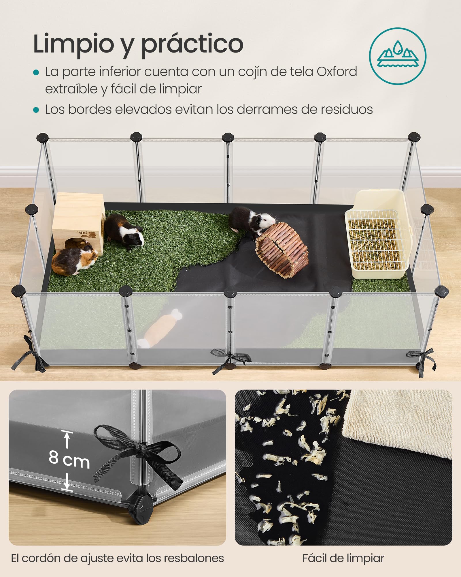 SONGMICS Parque Enclos, Recinto para Pequeños Animales, Paneles Semi-Transparentes, Lona Respirativa, Alfombra Impermeable, para Conejo, Erizo, Cerdo de Indias, Hurón, 144 x 74 x 47 cm, Blanco Nube