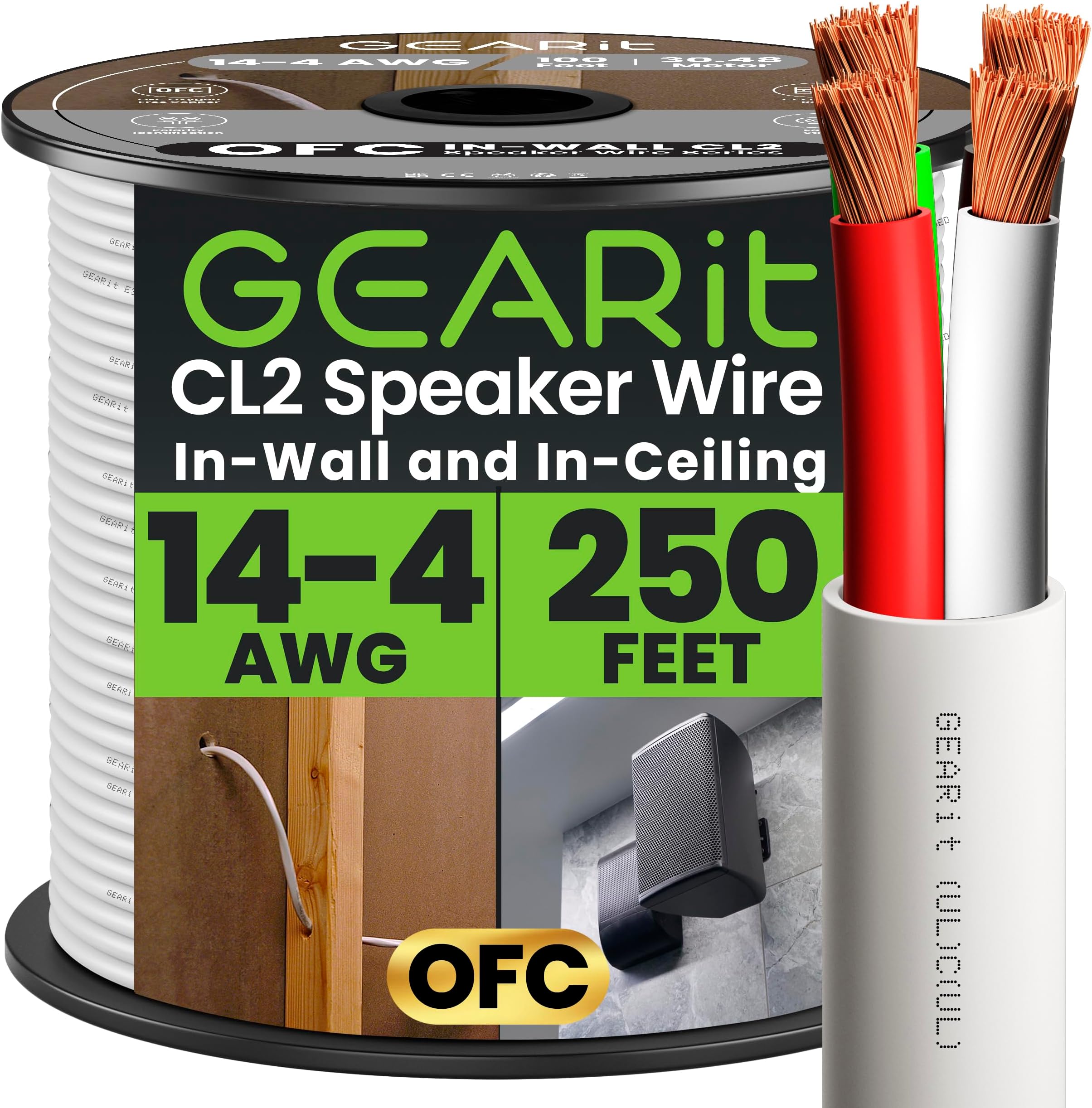 GearIT 14/4 Speaker Wire (250ft) 14AWG Gauge - Wall Rated Fire Safety Audio Speaker Wire Cable / CL2 Rated / 4 Conductors - OFC Oxygen Free Copper White 250ft