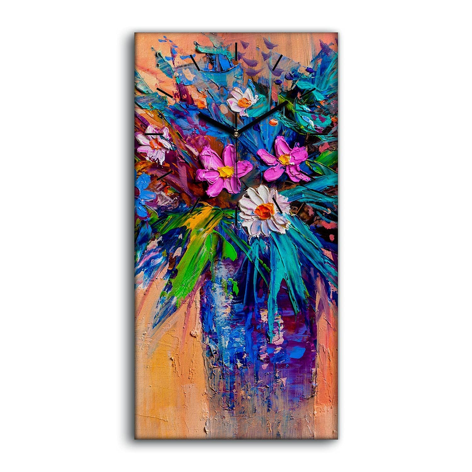 Horloge sur Toile Silencieuse sans Tic-Tac Motif Fleurs Colorées 30x60cm