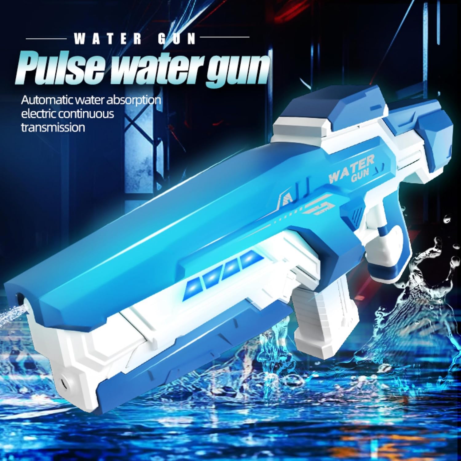 Max Electric Water Gun for Adults & Kids – 16.5" Large Automatic Blaster with Fast Auto Suction, 40ft Long Range, Pulse Light Strip, External Water Bottle, Rechargeable (Blue)