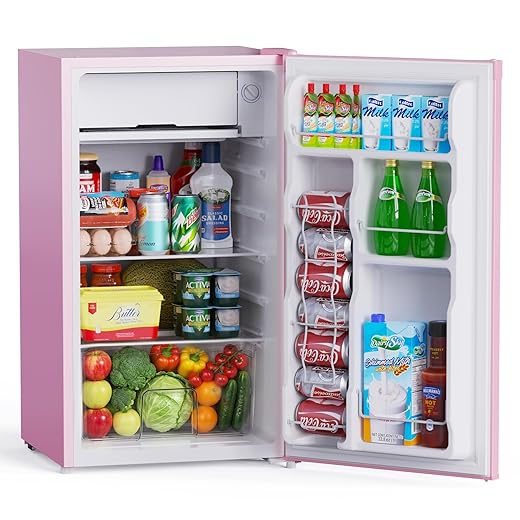 Upstreman 3.2 Cu.Ft Mini Fridge with Freezer, Single Door Compact Refrigerator, Adjustable Thermostat, Small Refrigerator for Dorm, Bedroom, Office, Pink-BR321