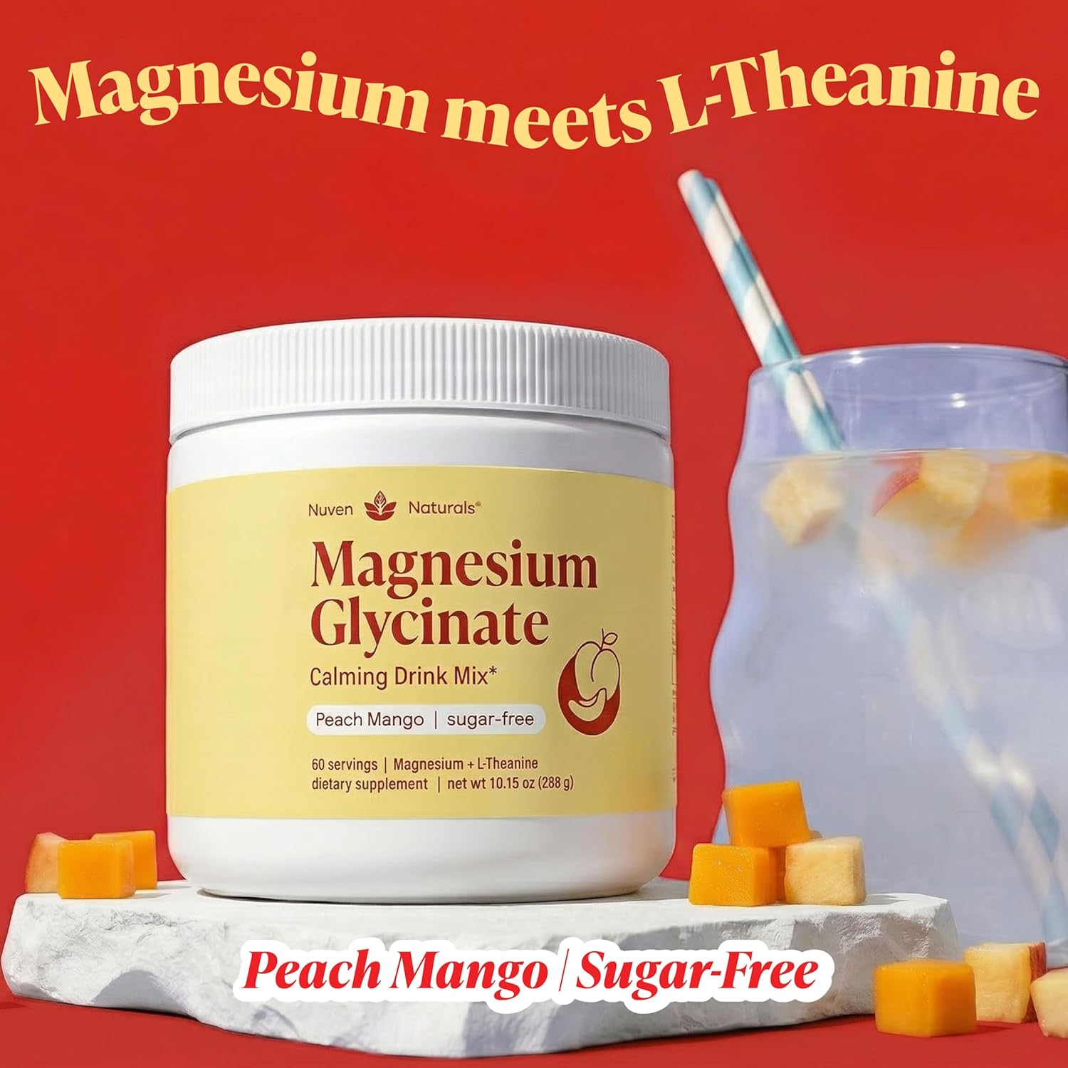 Magnesium Glycinate Powder + L-Theanine | 60 Servings | 300 mg per Scoop High Absorption Chelated Magnesium Powder for Sleep - Peach Mango Flavor, No Sugar, Support Restful Sleep & Relaxation