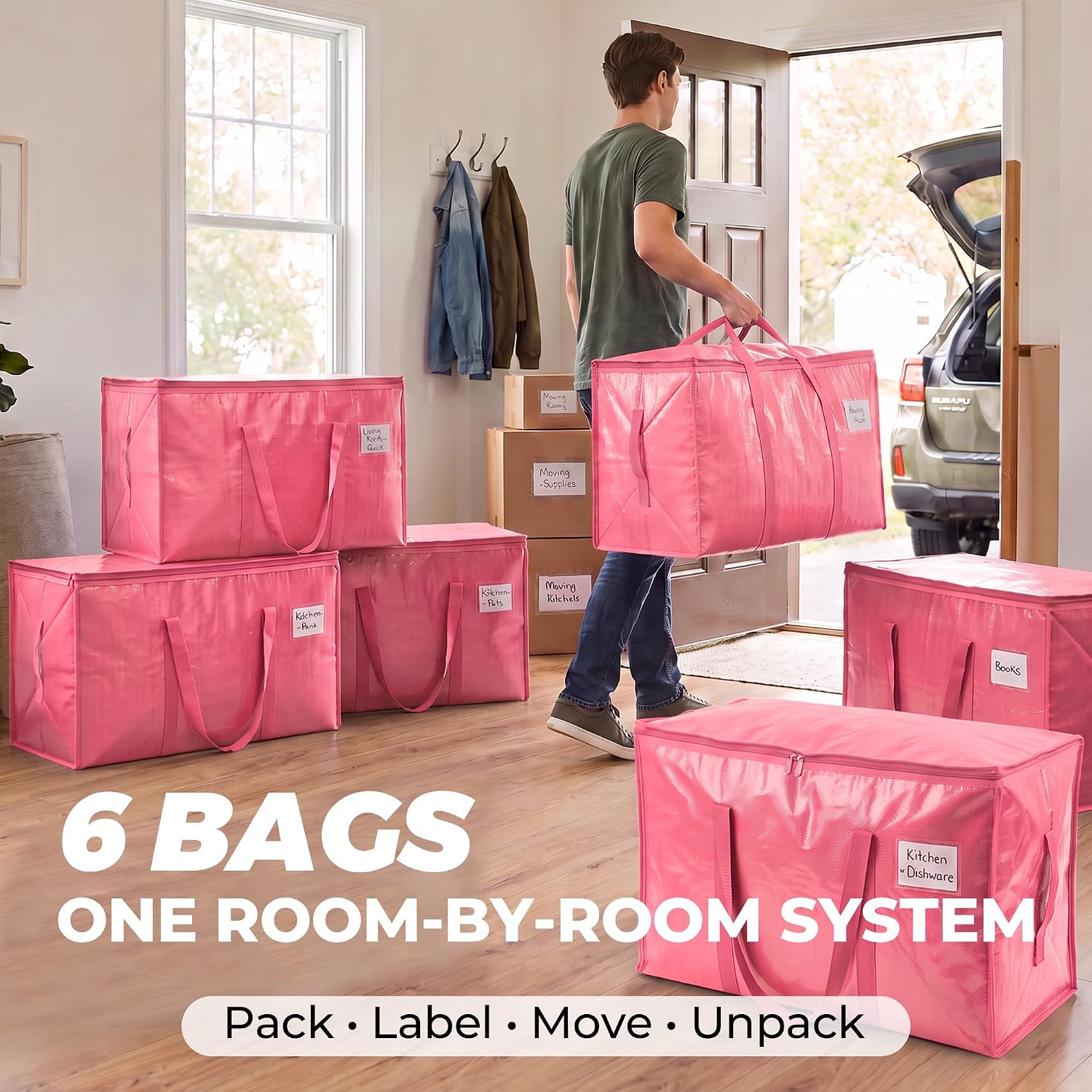 6 Pack Moving Bags, Pink, 27 x 13.5 x 15 in Each