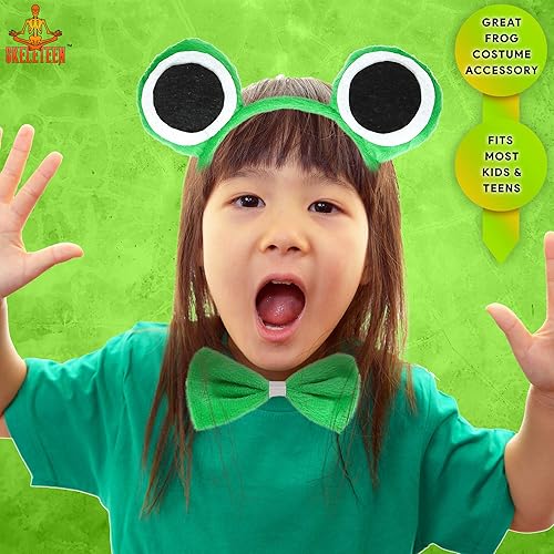 Miniatura 5 de Skeleteen Juego de accesorios para disfraz de rana, diadema de felpa con ojos de rana verde, corbatín y cola para niños pequeños