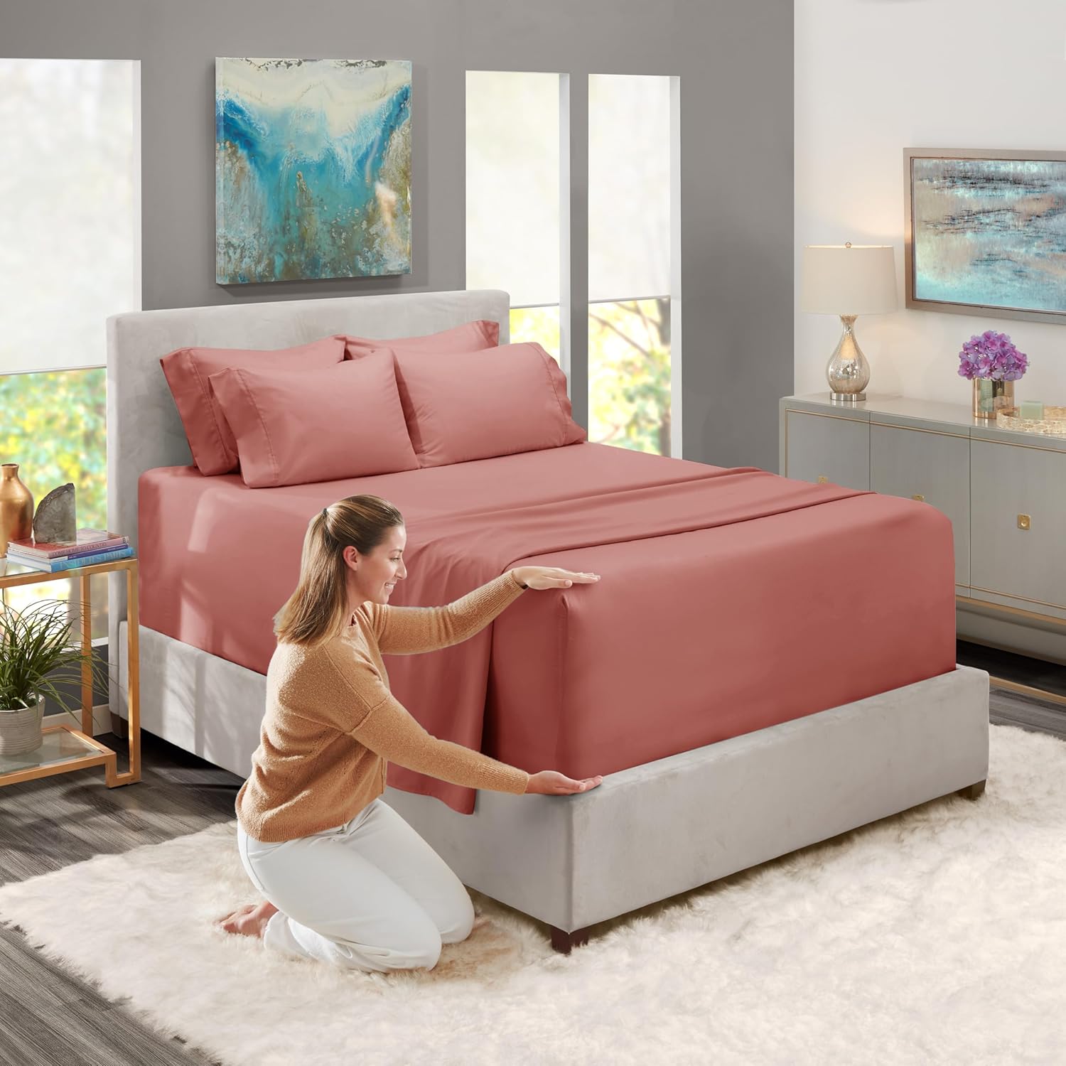 Hearth & Harbor Extra Deep Pocket Sheet Sets, Luxury Soft 6 Piece Bed Sheet Set Fits Mattress 18-24 Inches - Queen, Pink Clay - Image 3