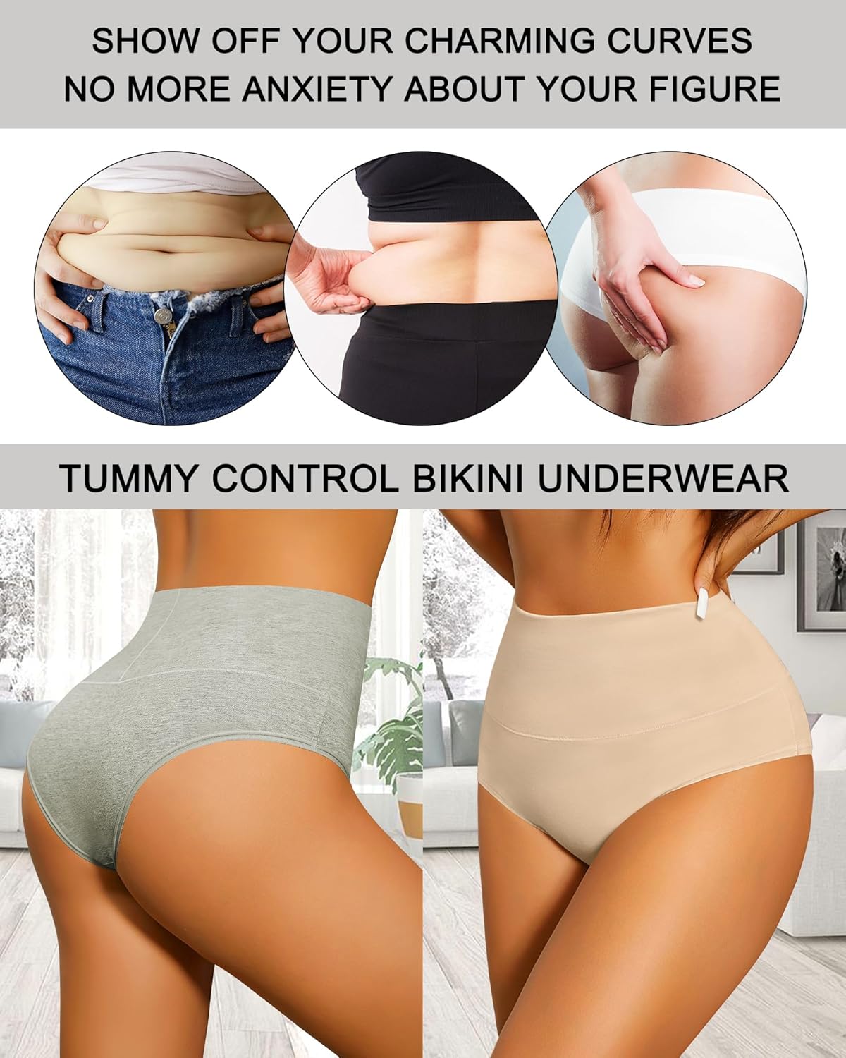 ASIMOON High Waisted Bikini Underwear for Women Tummy Control Cotton Panties Soft Strech No Muffin Cheeky Panty Multi Pack - Image 4