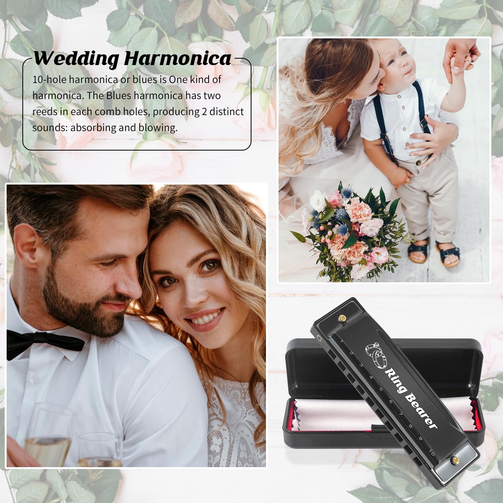 Ring Bearer Gifts Harmonica Ring Custom Engraved Black Harmonica C Key 10 Hole For Wedding Gifts Kids