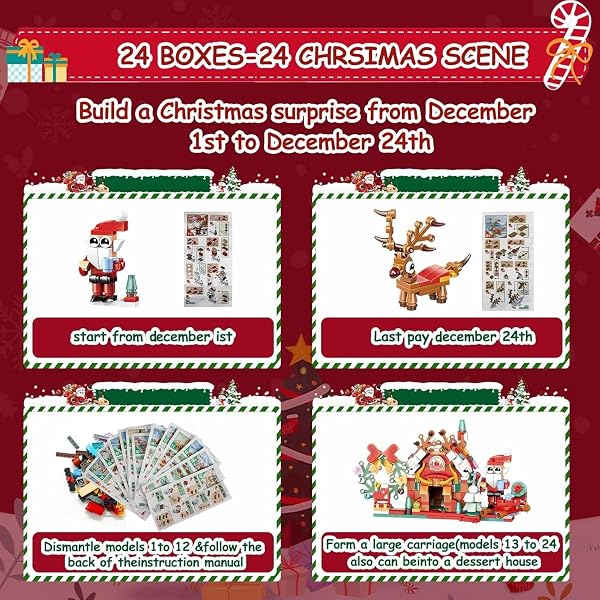 KAHEIGN Calendario de Adviento 2025, Cuenta Regresiva de Navidad de 24 Días con 895 Piezas 12 En 1 Trineo de Papá Noel Casa de Postres Bloques de Construcción para Navideños Regalos Fiesta Decoración - 3
