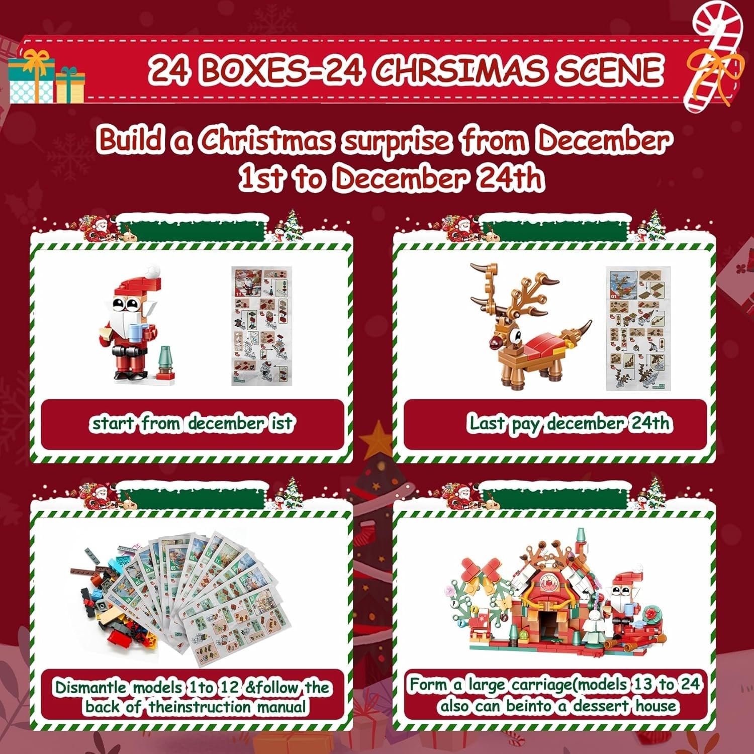 KAHEIGN Calendario de Adviento 2025, Cuenta Regresiva de Navidad de 24 Días con 895 Piezas 12 En 1 Trineo de Papá Noel Casa de Postres Bloques de Construcción para Navideños Regalos Fiesta Decoración — view 3