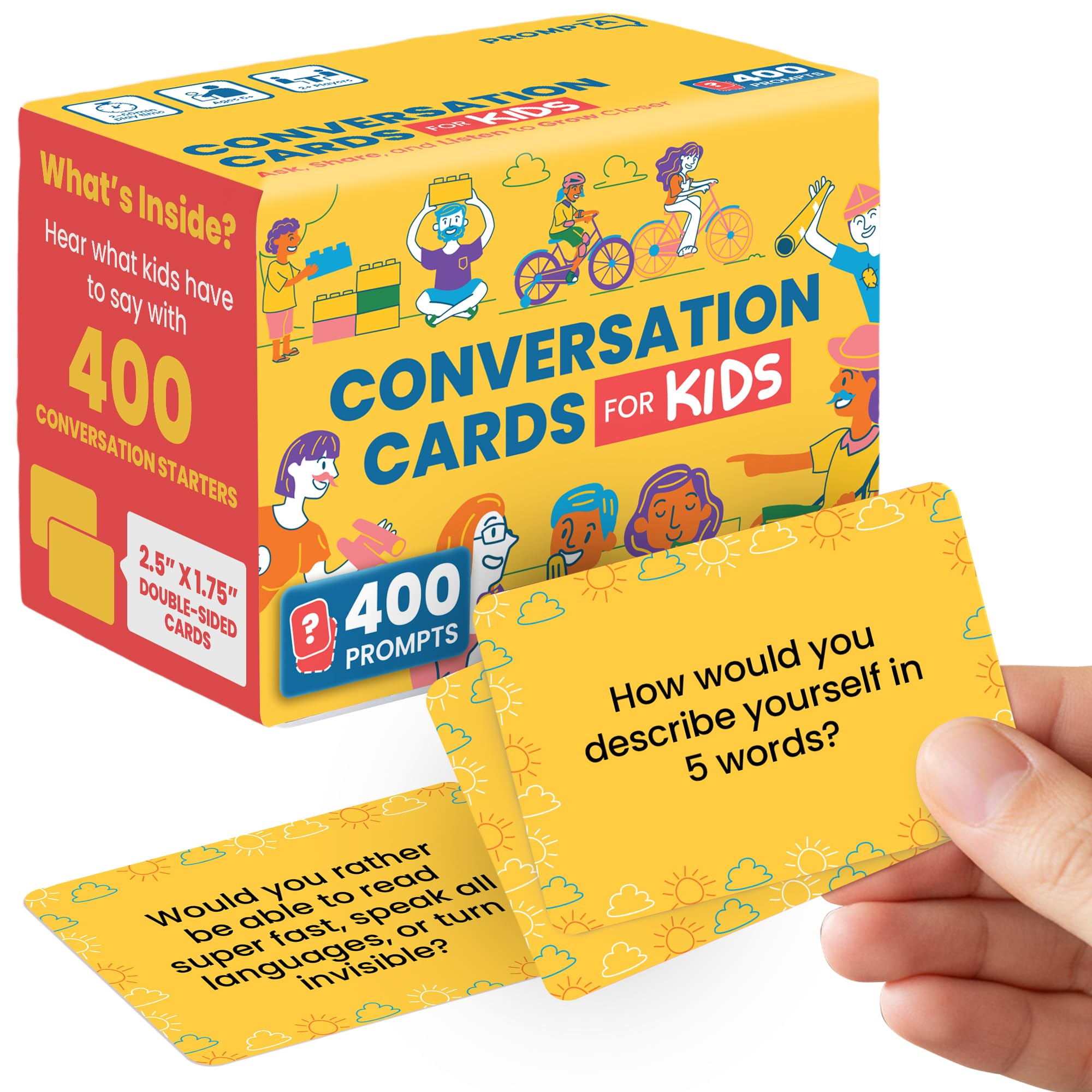 400 Conversation Cards for Kids – Engage Kids, Laugh, and Grow Closer During Family Dinner, Game Night, and Road Trips – Have Fun Building Social-Emotional Skills - Super Portable 2.5" x 1.75" Cards