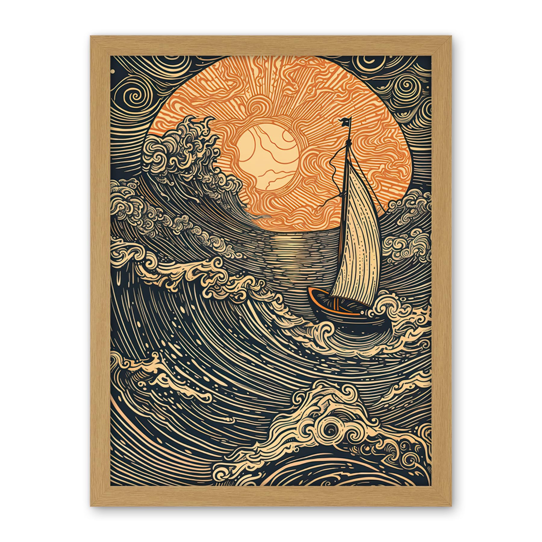 Artery8 Boat Sailing into the Sunset Linocut Illustration Artwork Framed Wall Art Print 18X24 Inch