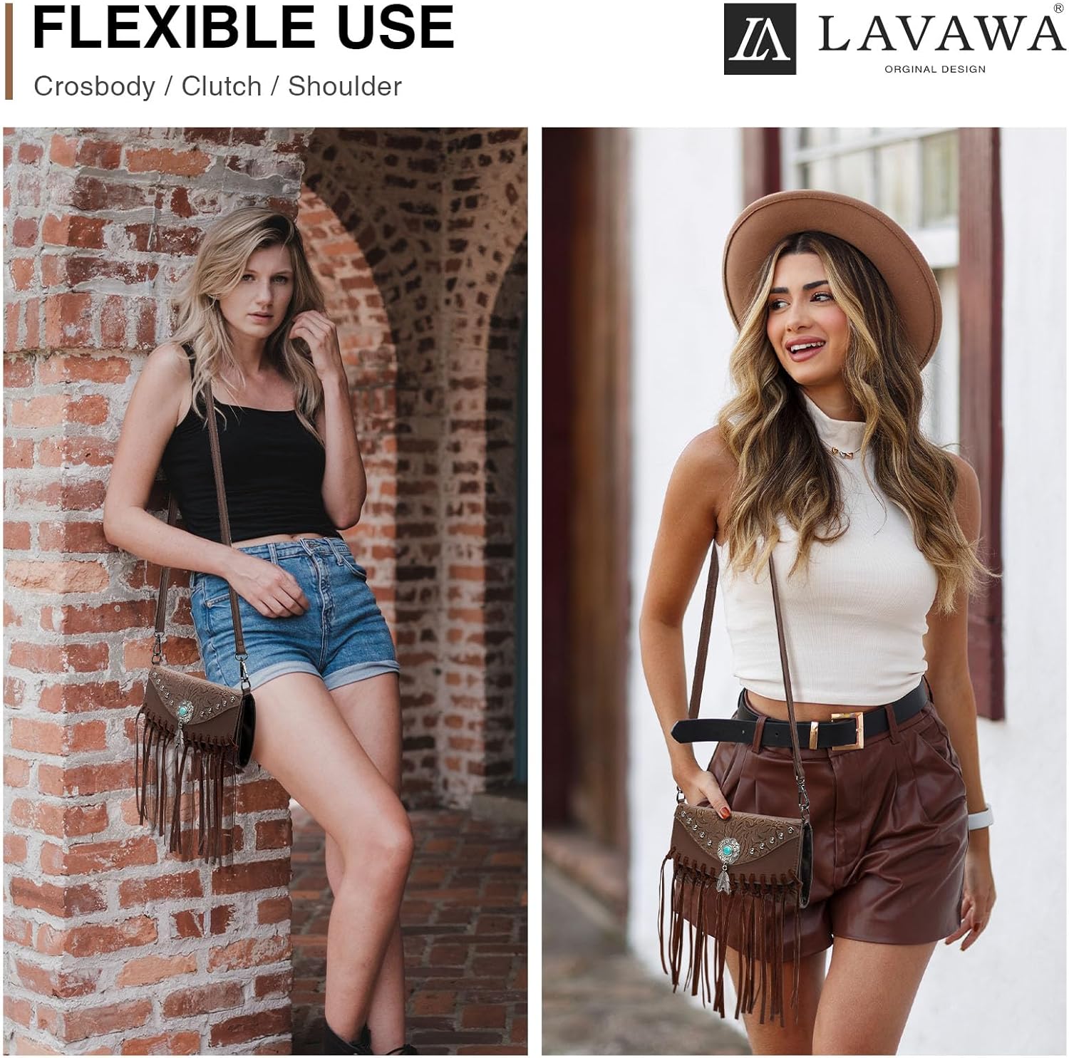 LAVAWA Small Crossbody Bags for Women Crossbody Handbag Fringe Purse Tassel Shoulder Bag Turquoise Concho Wallet