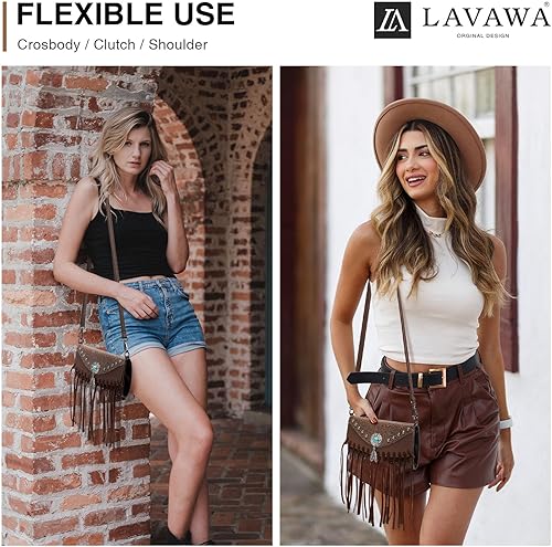 Miniatura 9 de LAVAWA - Bolsos cruzados pequeños para mujer bolso cruzado con flecos bolso de hombro con flecos color turquesa Marrón
