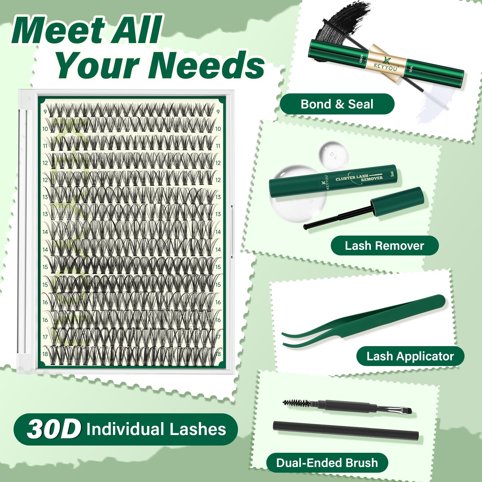 DIY Wimpernverlängerung Kit KEYYOU 300Pcs 30D 0.07D Curl 8-16MIX Wimpern Cluster Kit mit Wimpernkleber Entferner Applikator einfach zu bedienen für Anfänger (Kit-30D-0.07D,8-16MIX)