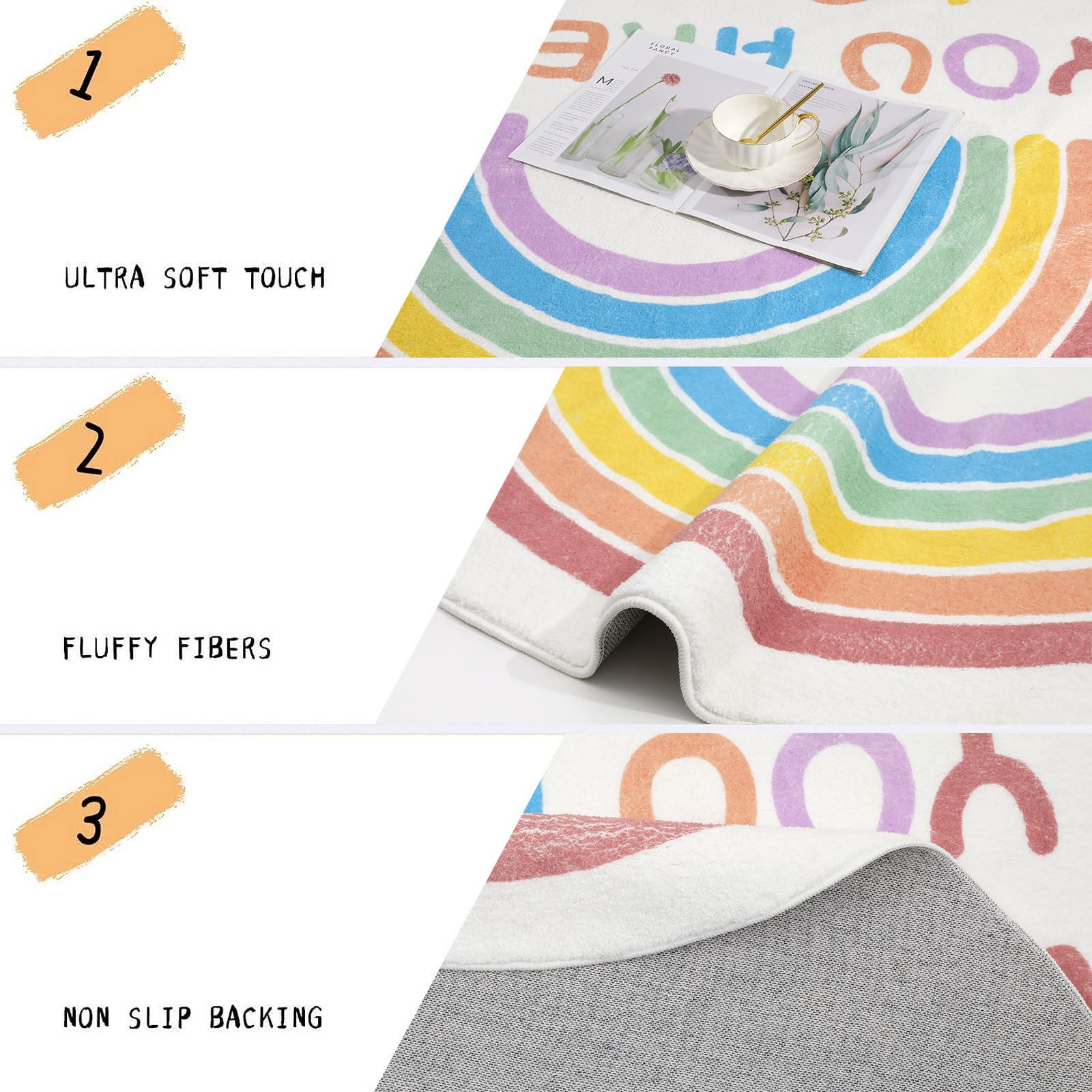 Enyhom Tappeto rotondo da 120 cm, motivo arcobaleno, per cameretta dei bambini, morbido, antiscivolo, lavabile in lavatrice, per gattonare