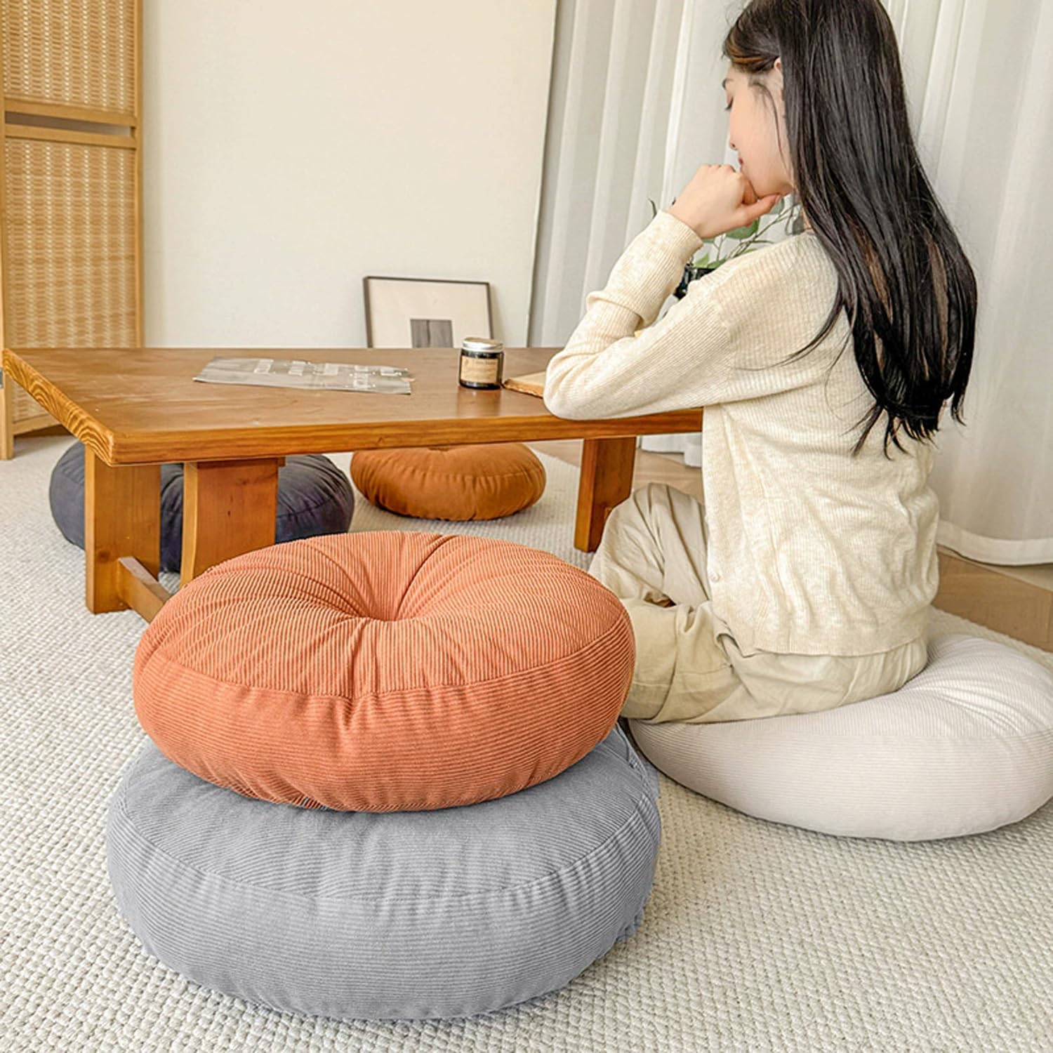 Lot de 2 coussins de sol pour adultes et personnes âgées, coussin de chaise rond rehausseur pour salle à manger, balcon, jardin, yoga, méditation - tatami japonais (2 pièces, 50 cm, orange)