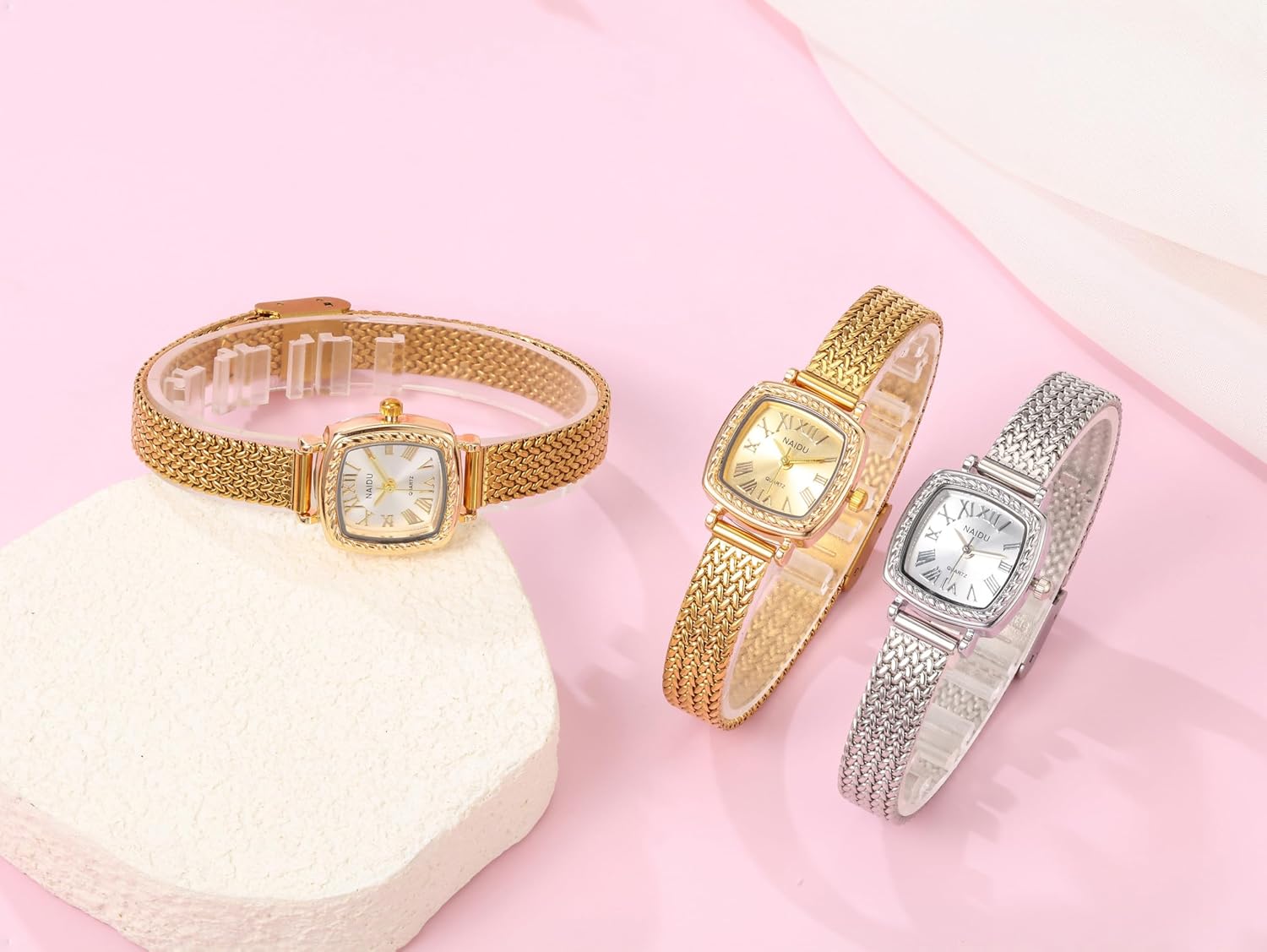 Top Plaza Gold Watches for Women Vintage Square Case Watch Alloy Steel Roman Numeral Dial Bracelet Watch - Image 6