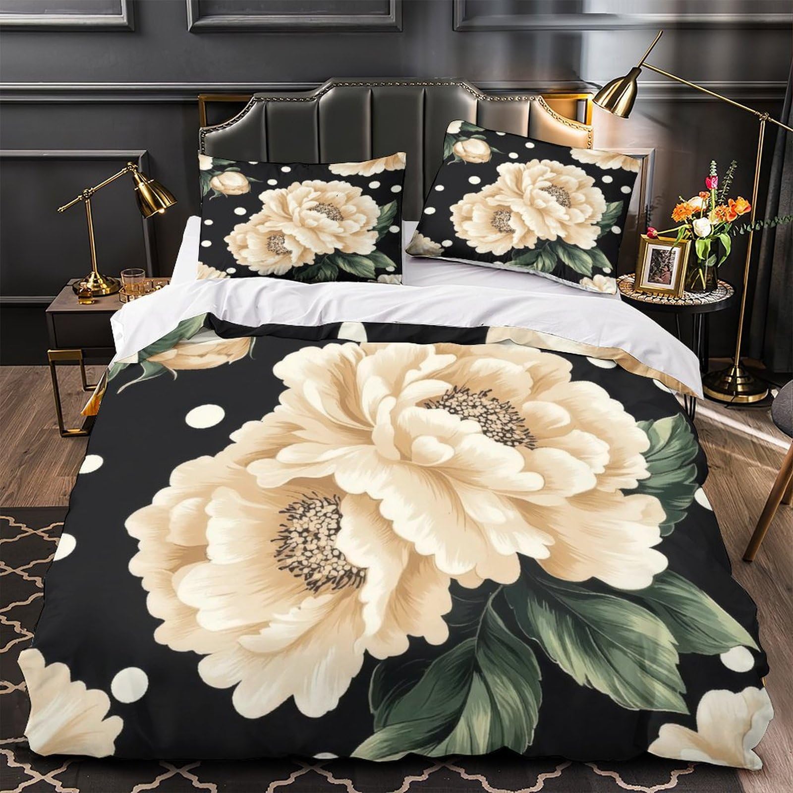 Housse de couette microfibre 200x200 style botanique vintage avec fermeture éclair pour lit double