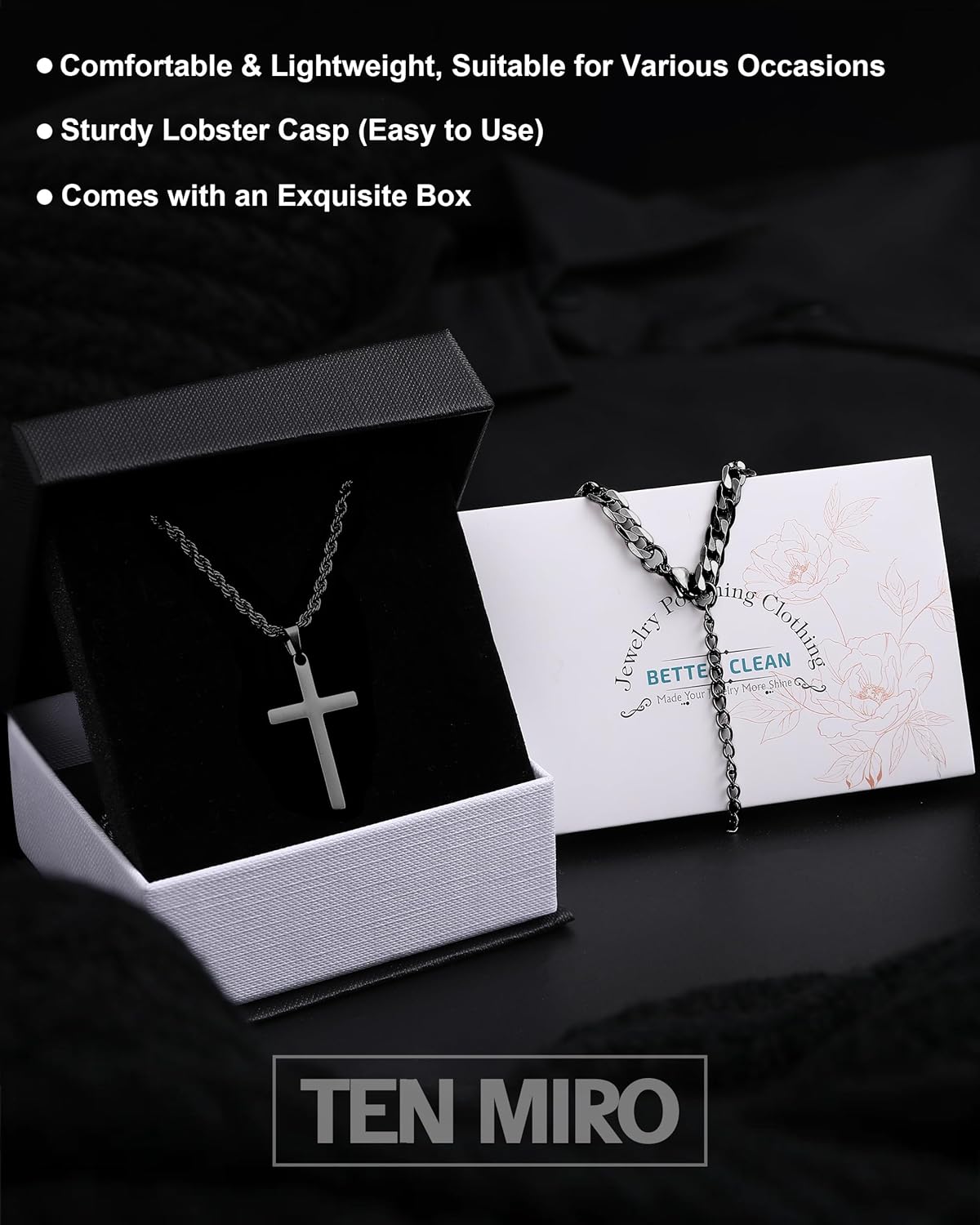 TEN MIRO Silver/Black Cross Necklace for Men Boy Stainless Steel Cross Pendant Necklace for Men Christian Religious Jewelry with Box & Card Birthday Anniversary Christmas Father's Day Gifts for Him - Image 6