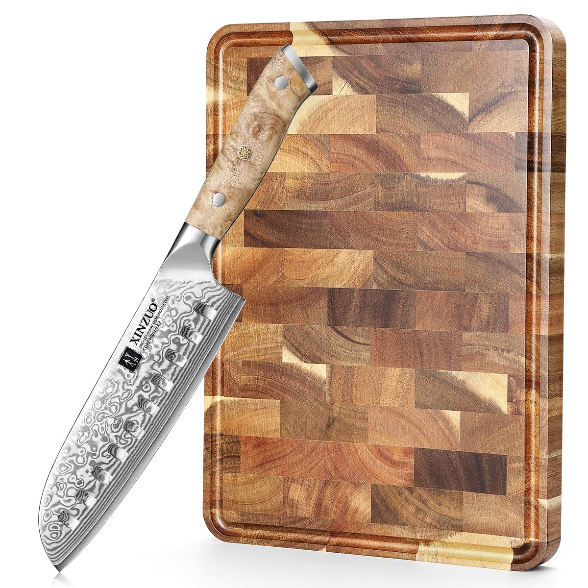 XINZUO 18cm Damaststahl Scharfe Santokumesser, Ergonomischer Griff aus Bergahornholz mit Hirnholz-Schneidebrett Akazienholz(35x25x2.6cm), rutschfesten Füßen, eingebauten Griffen und Saftrille