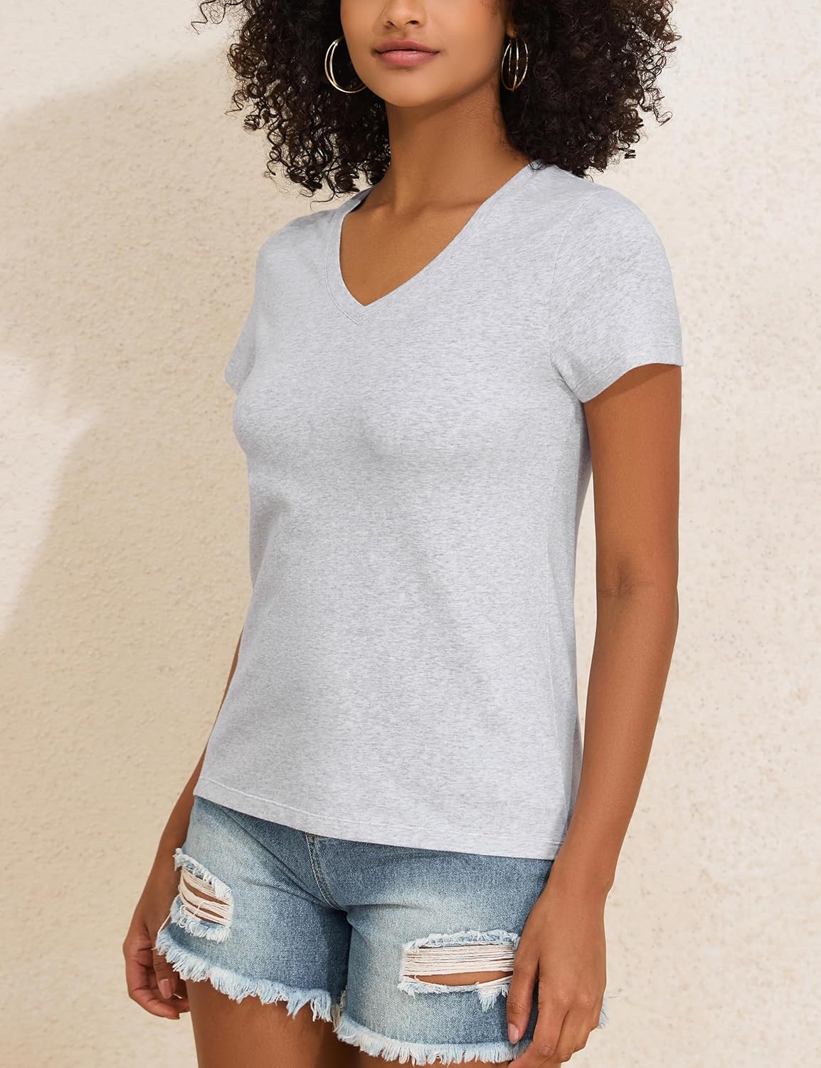 Hilor Women's Plain Cotton T Shirts Short Sleeve V Neck Tee Tops Loose Fit Casual Summer Tops Trendy Outfits 2026 - Image 3