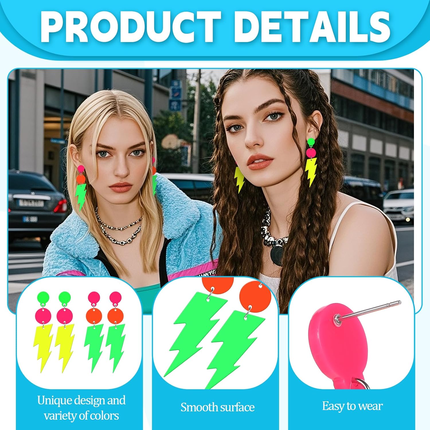 2 Pairs 80s Neon Earrings for Women, Retro Lightning Bolt Earrings Acrylic Colorful Drop Dangle Neon Accessories for Women 80's Outfit Glow Party - Image 3