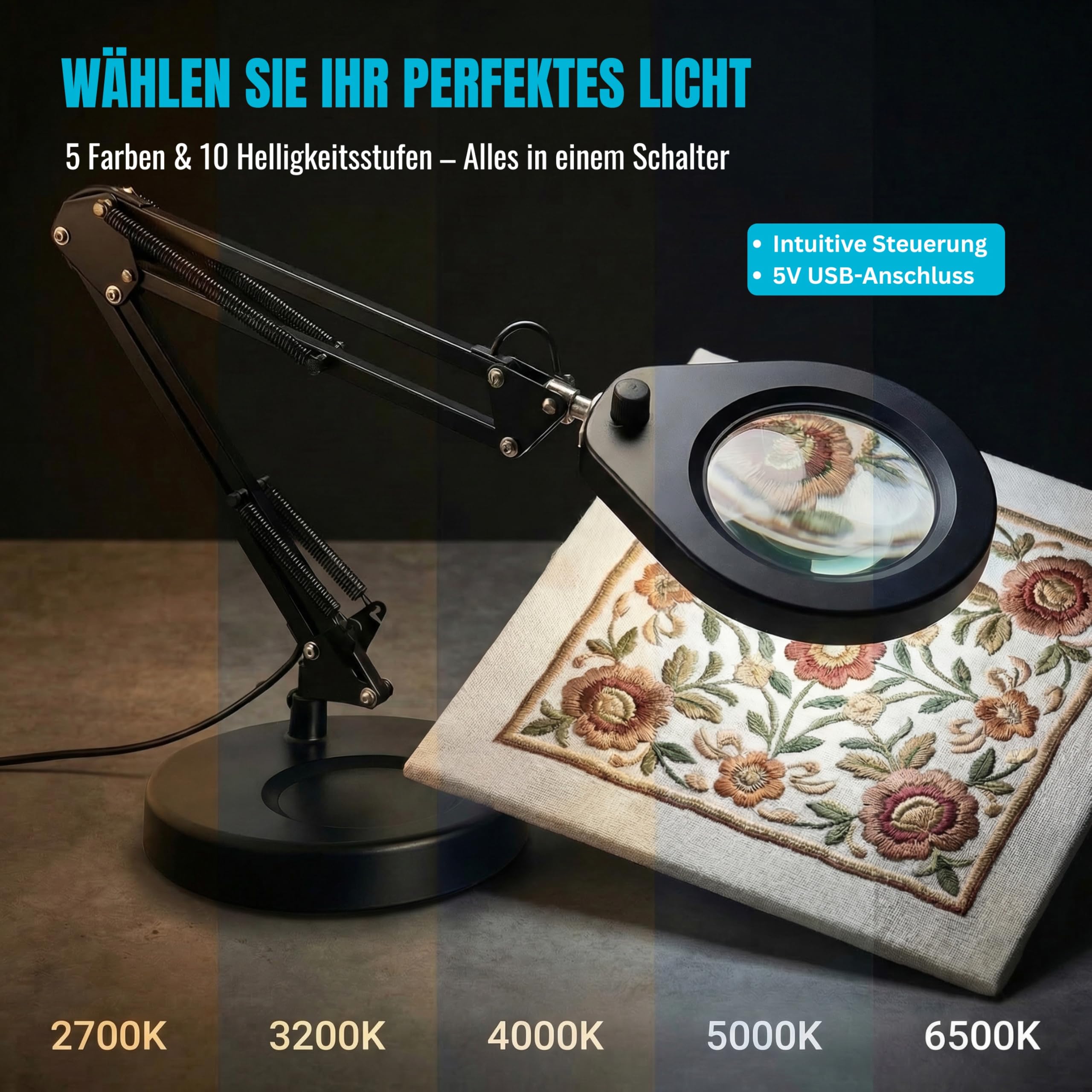 LED-Lupenleuchte mit Ständer und Klemme, Tischlampe mit 10,5 cm 5X Lupe, dimmbare Lichter in 5 Farben und Doppelständer für Handarbeit, Detailinspektion und Hobbys (Rund)