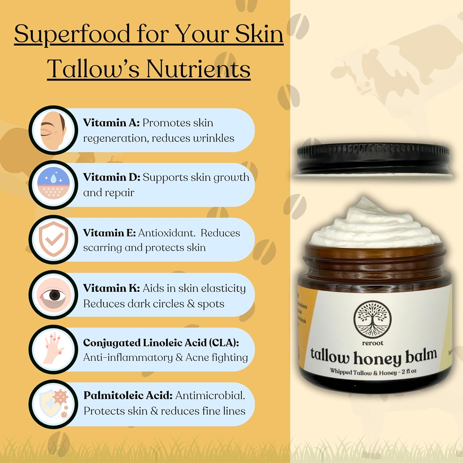 Beef Tallow Balm for Skin -2 Ingredients- Grass-Fed Grass-Finished Beef Tallow & Raw Honey for Skin - Unscented Beef Tallow Honey Balm for Face & Body - Sensitive Dry Skin Eczema Psoriasis Rosacea
