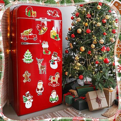 Miniatura 6 de Umigy 16 piezas de pintura de diamantes de Navidad para refrigerador, muñeco de nieve, Papá Noel, ciervo, diamante, calcomanías de arte de