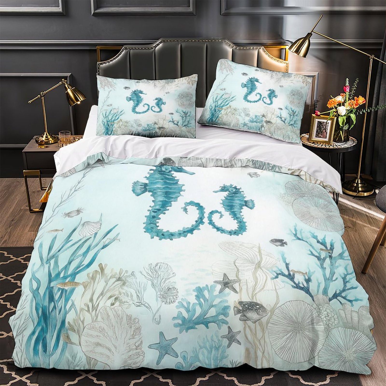Housse de couette hippocampe 140x200 parure lit microfibre