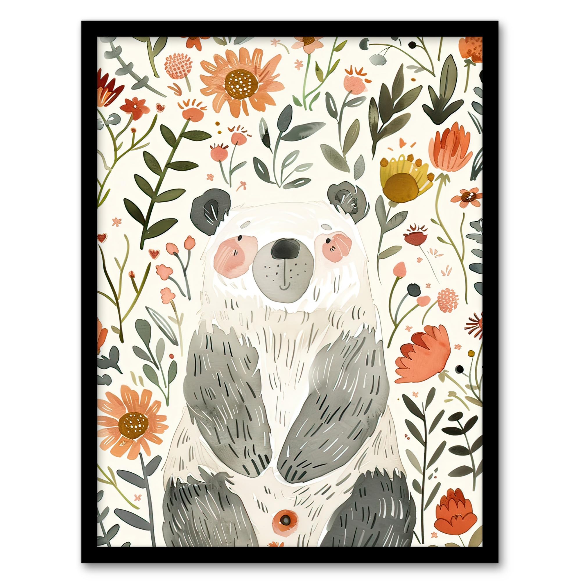 Artery8 Happy Cute Baby Bear with Flowers Watercolour Kids Bedroom Nursery Artwork Framed Wall Art Print 18X24 Inch