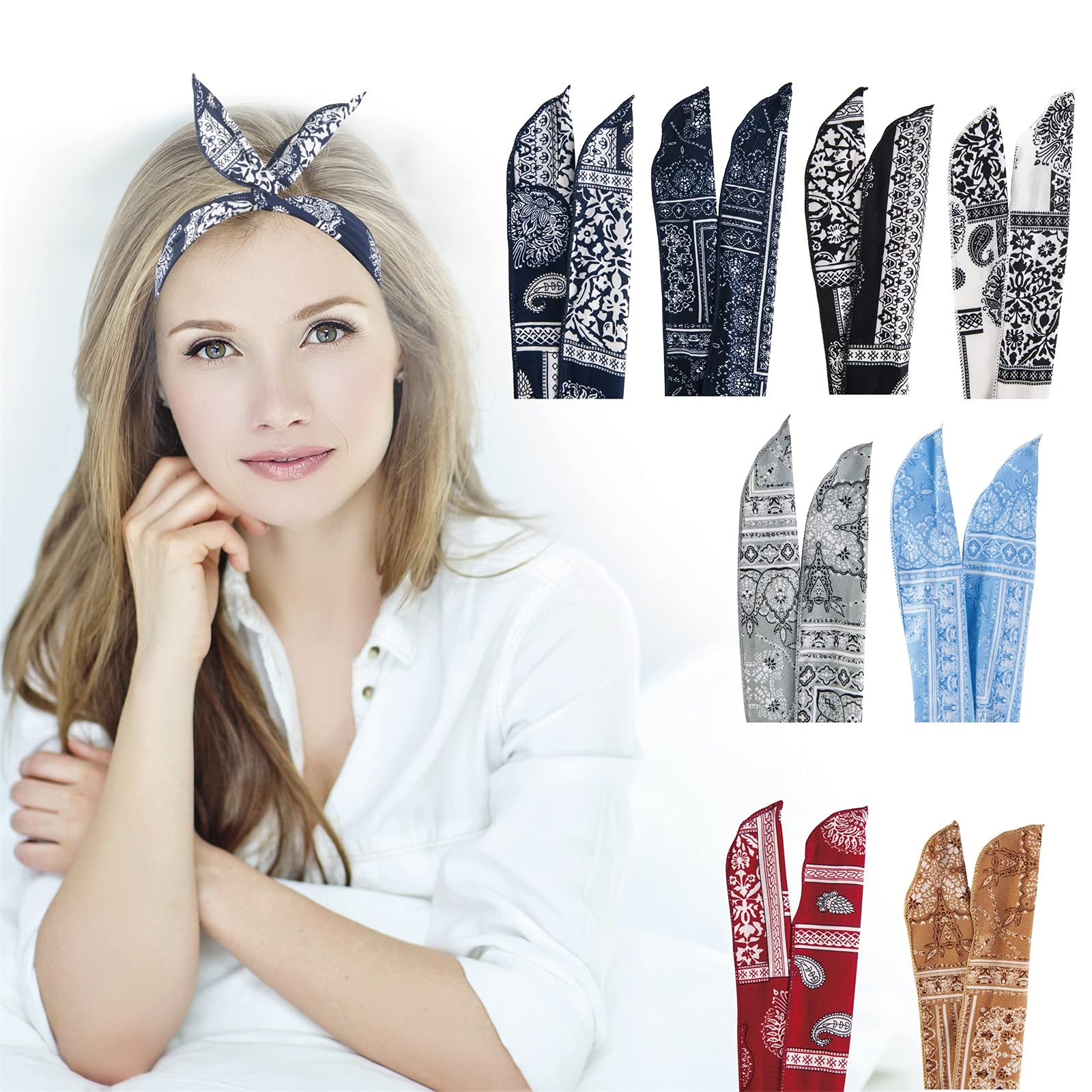 ONEYE Paisley Wire Headbands for Women, 8 Count Pack, Hair Bands Hair Holder Hair Accessories for Workout Yoga Running Soccer Sports, Fashion Wire Headwraps Headband with Twist Bow