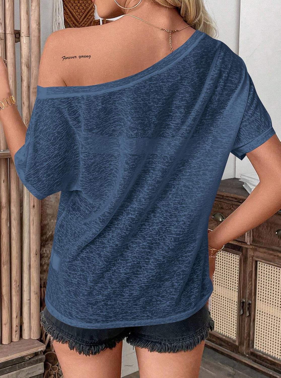 Hilinker Women's Sheer Off The Shoulder Tops See Through Sexy Short Sleeve Mesh Shirt Summer - Image 2